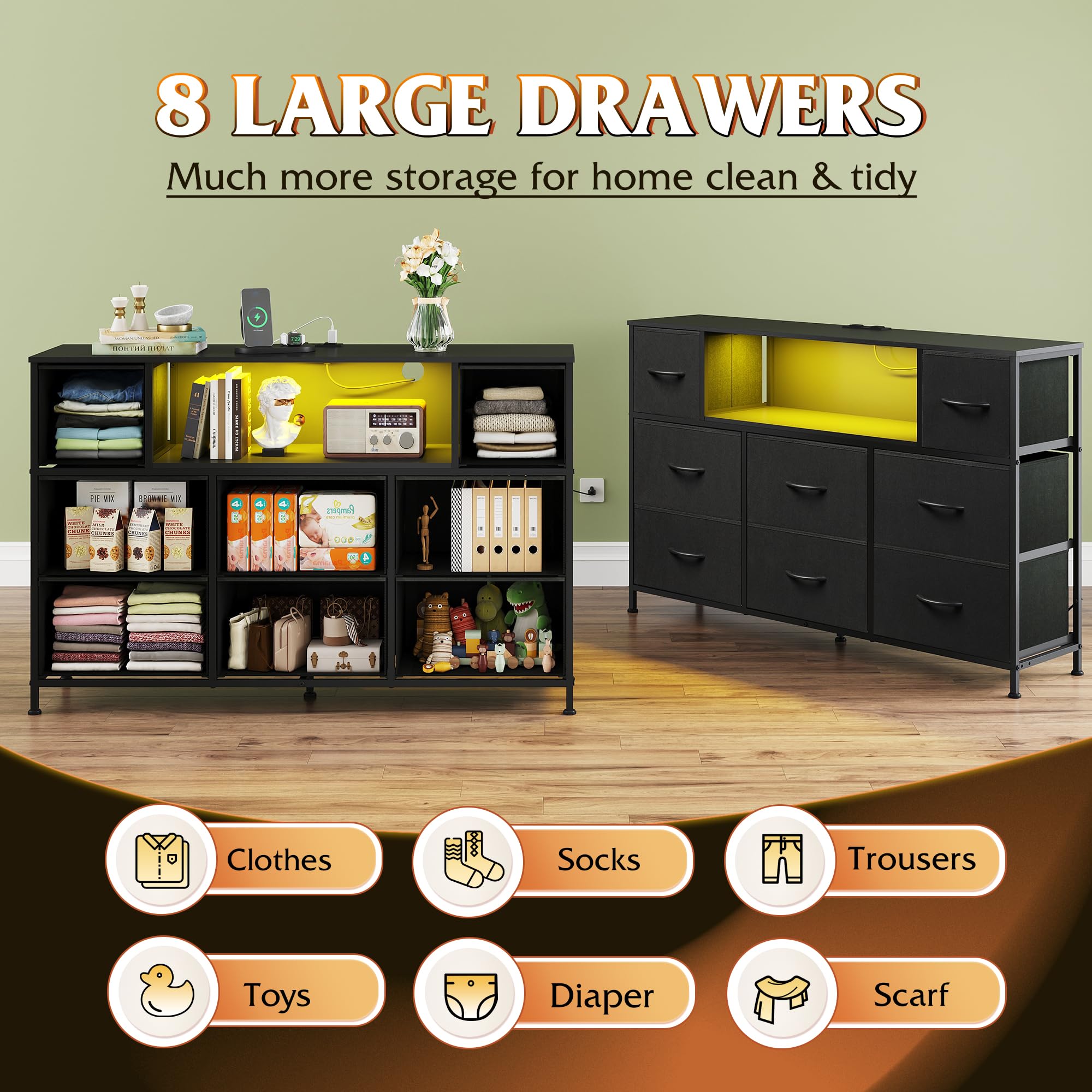 WLIVE eight fabric drawers keep media gear neatly organized