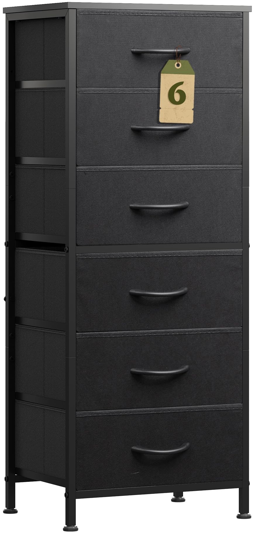 WLIVE black tall dresser front view with wood top and fabric drawers for organized storage