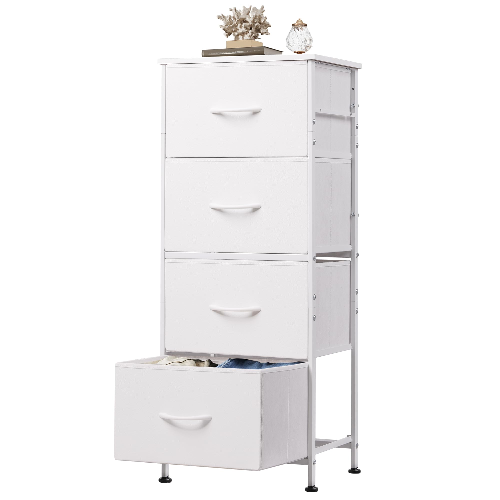 WLIVE dresser with four drawers in white, front view for organized clothing storage.