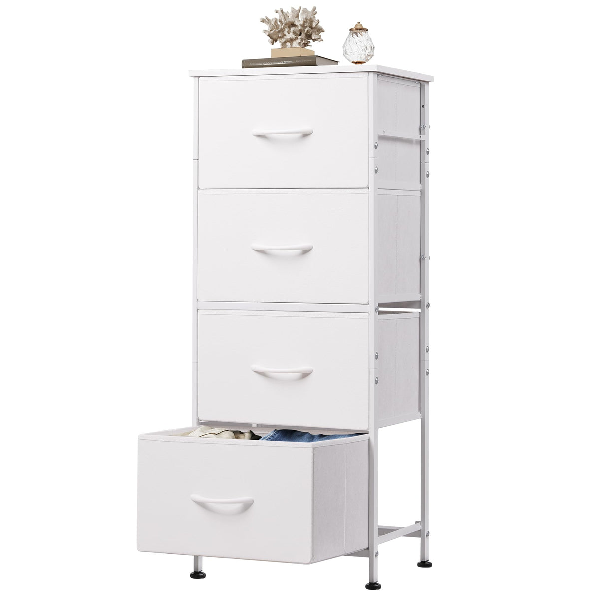 WLIVE dresser with four drawers in white, front view for organized clothing storage.