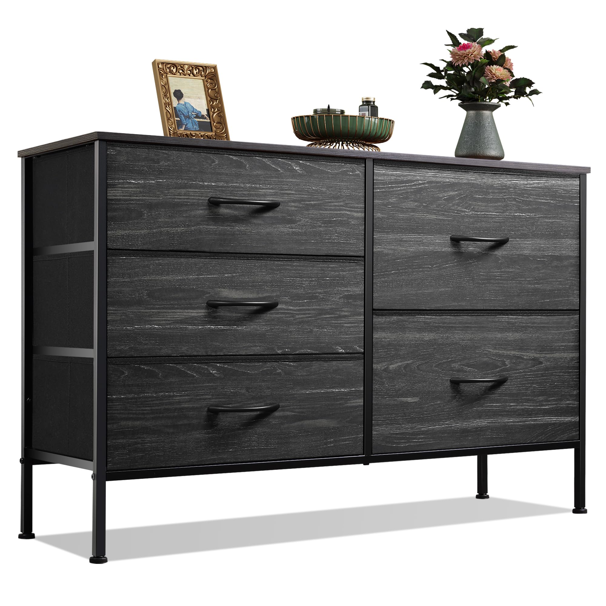 WLIVE dresser charcoal woodgrain front with five organized drawers for bedroom storage.