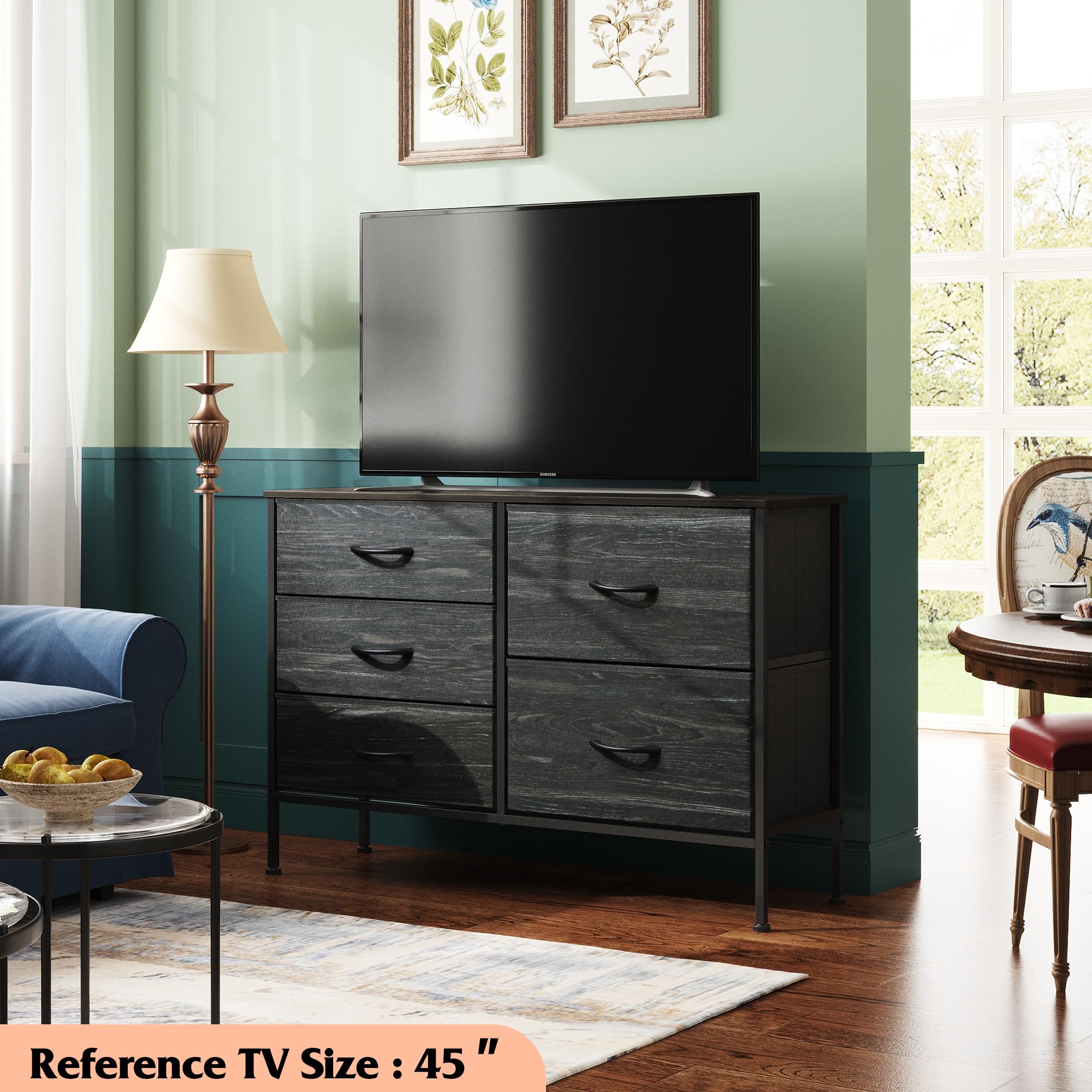 WLIVE dresser charcoal woodgrain side view highlighting slim profile for hallway use.