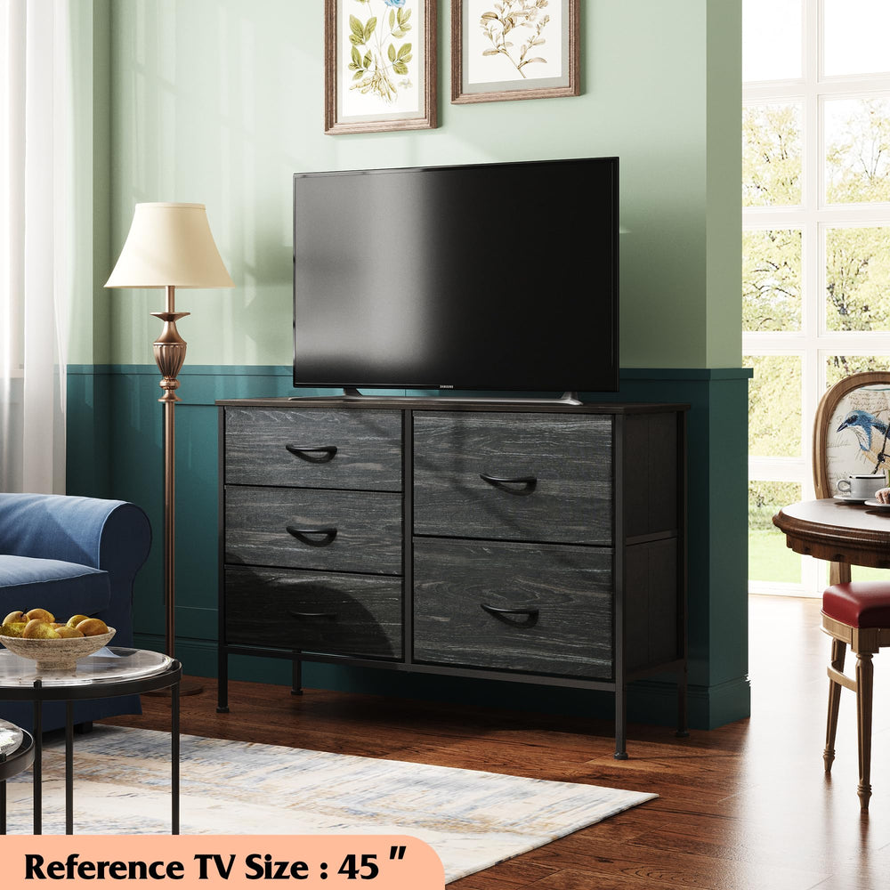 WLIVE dresser charcoal woodgrain side view highlighting slim profile for hallway use.
