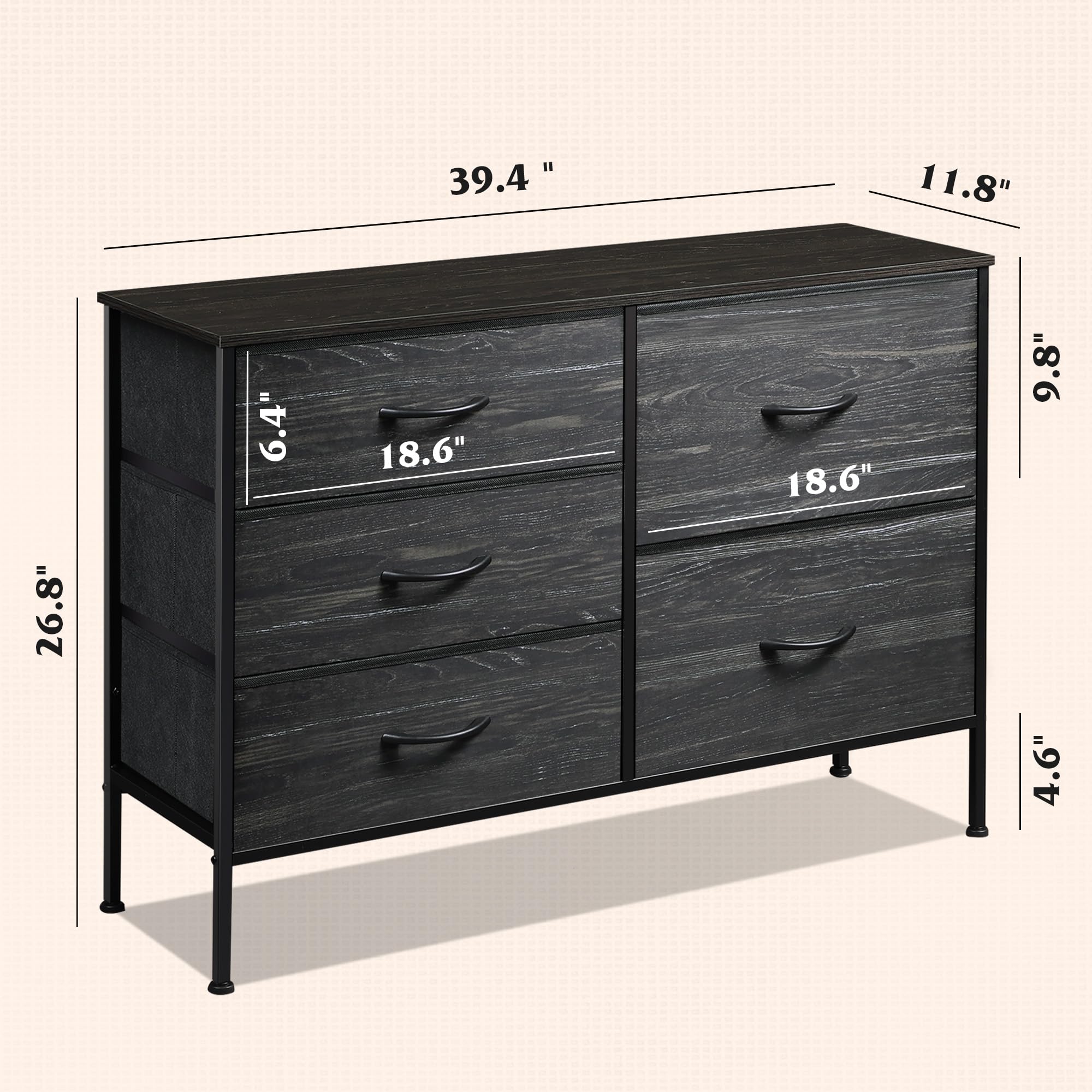 WLIVE dresser charcoal woodgrain top surface ideal for lamps and decor.