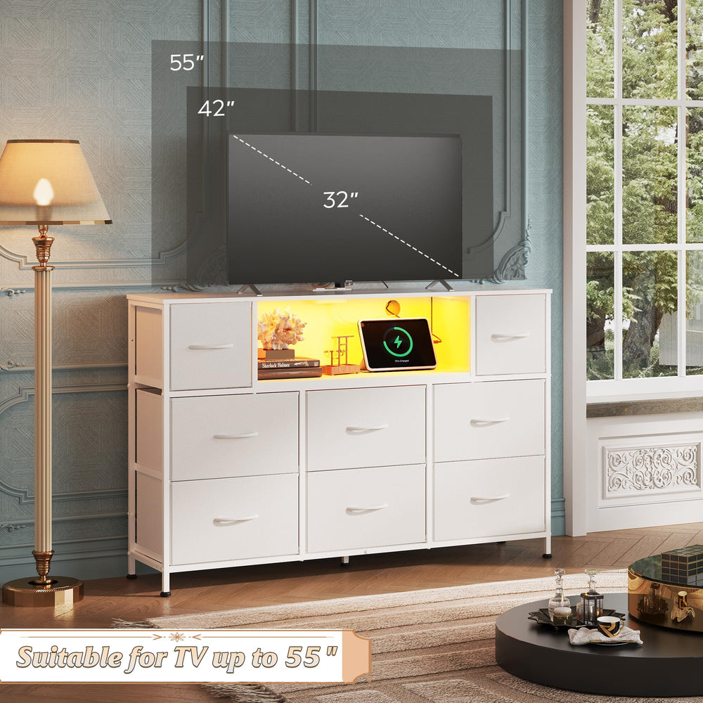WLIVE eight fabric drawers keep remotes, cables, and accessories organized.