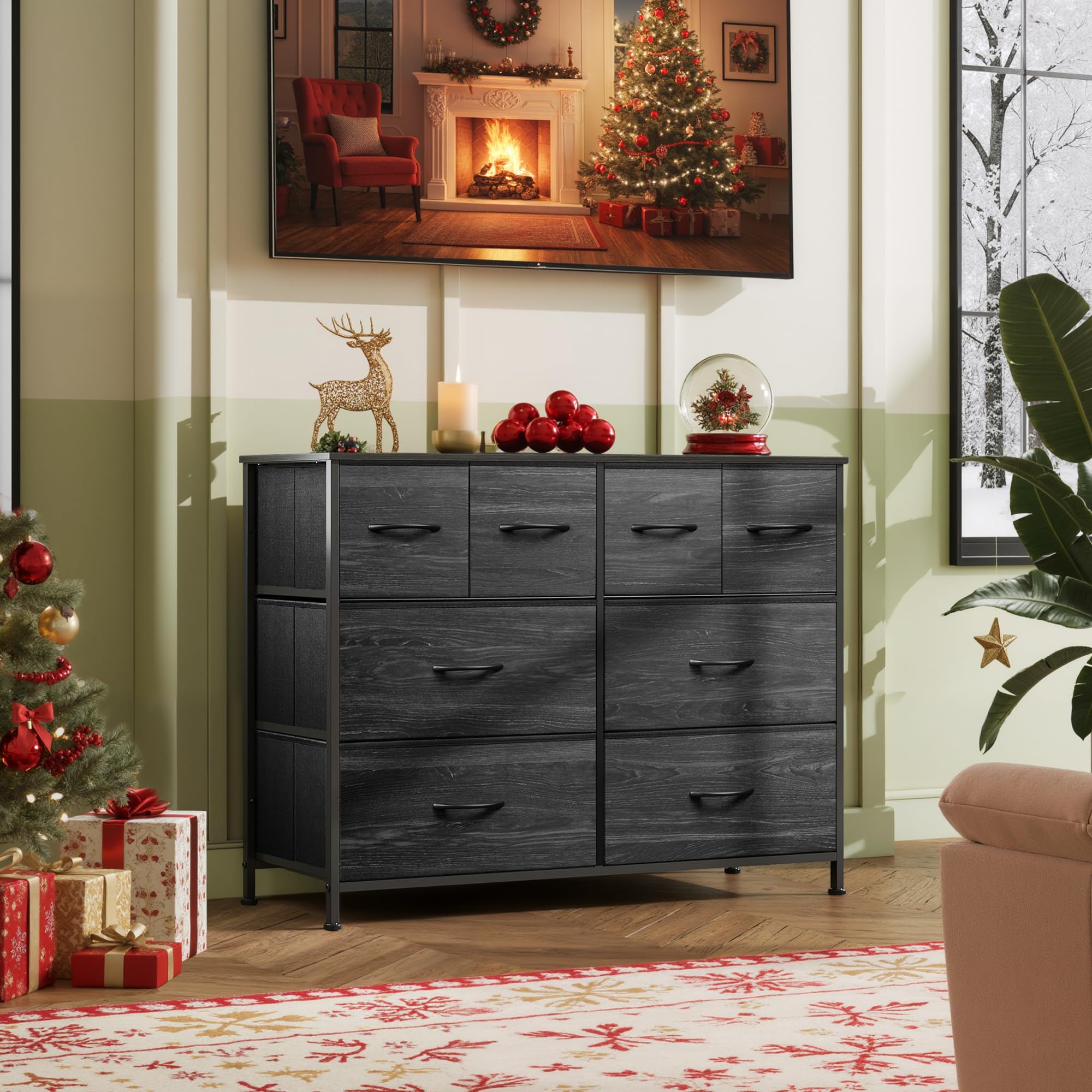 Close-up of fabric drawers on WLIVE dresser with smooth pull handles.