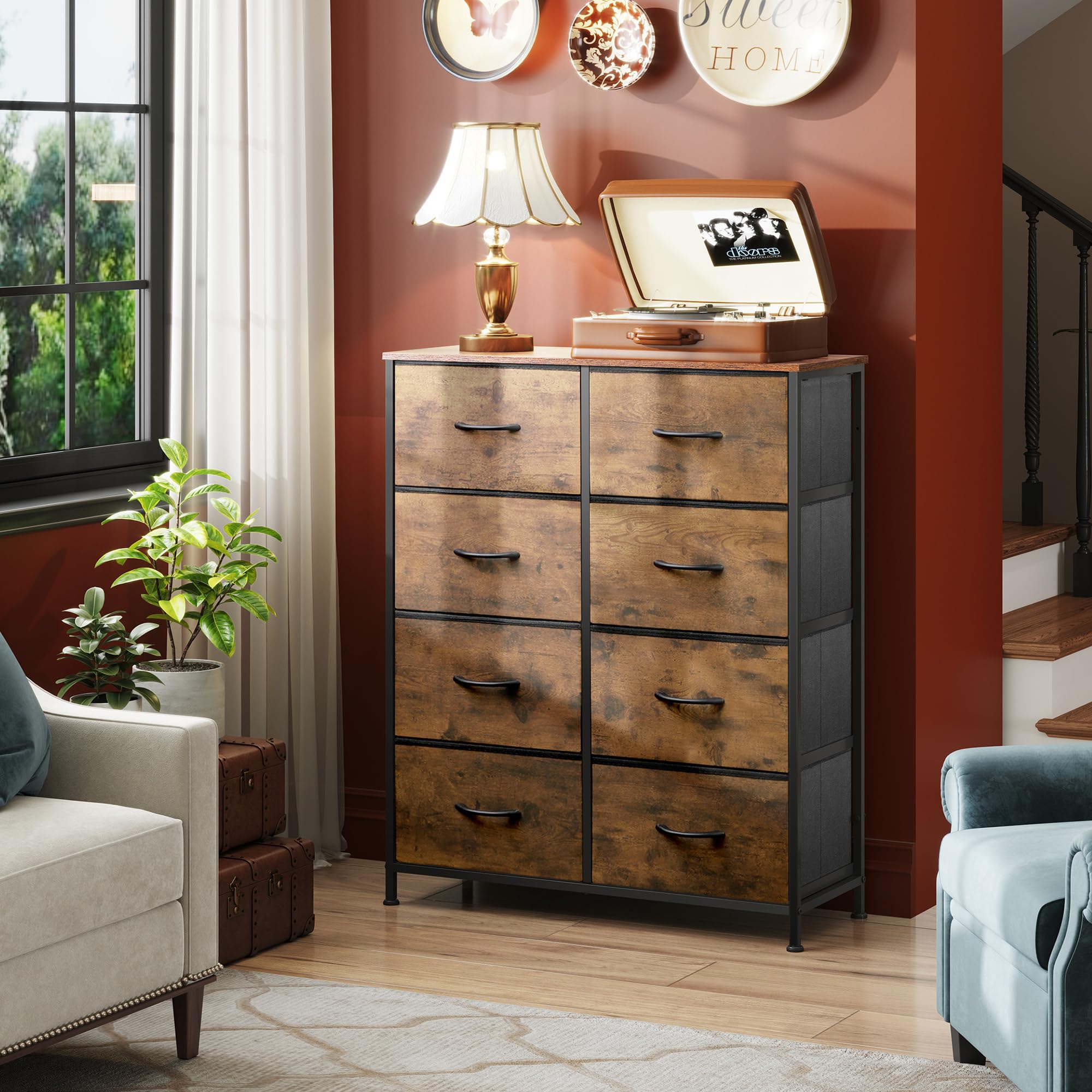 WLIVE dresser with wood top offers a sturdy surface for daily essentials.