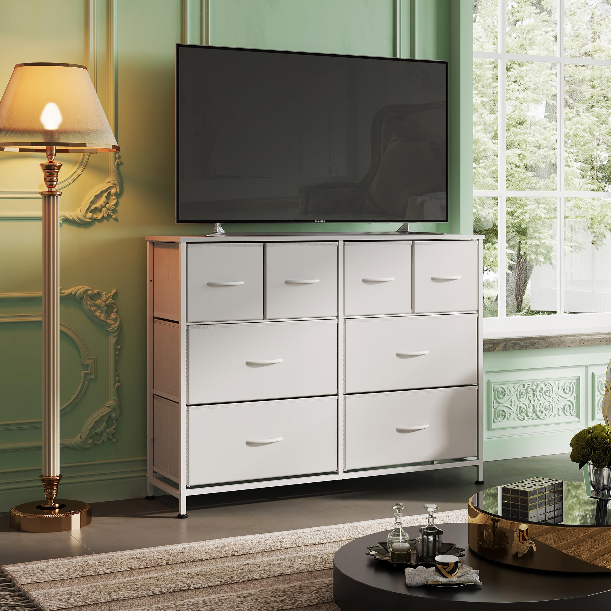 WLIVE dresser top with wooden surface provides display space for lamps or photos.