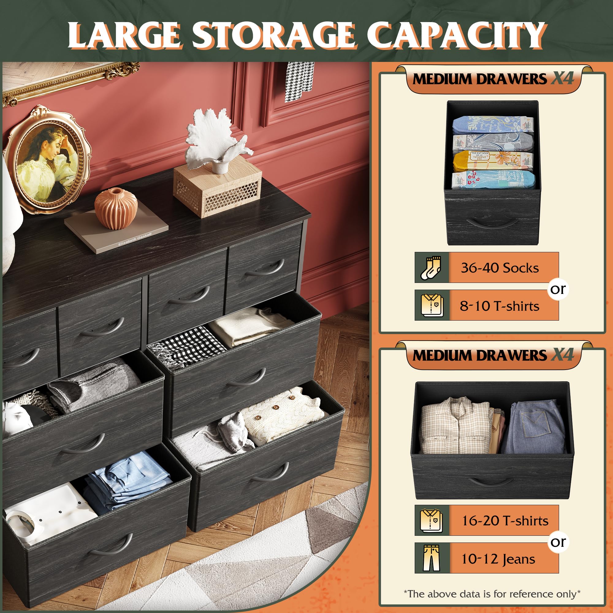 Wooden top surface on WLIVE dresser ideal for displays.