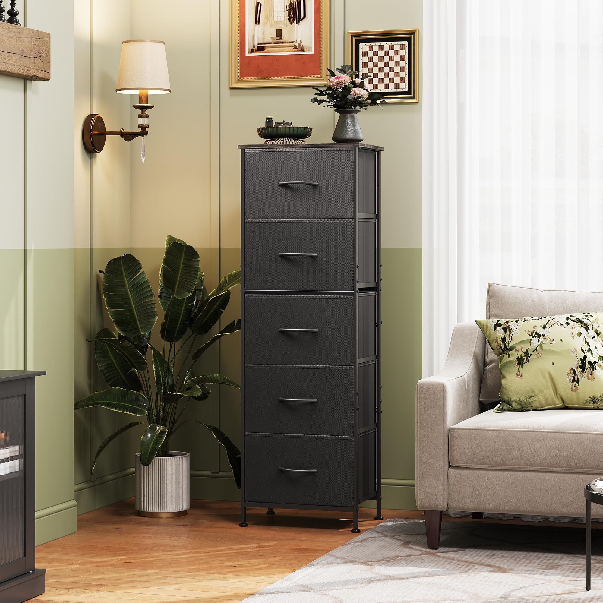 WLIVE Fabric Dresser with five drawers helps organize clothing and accessories