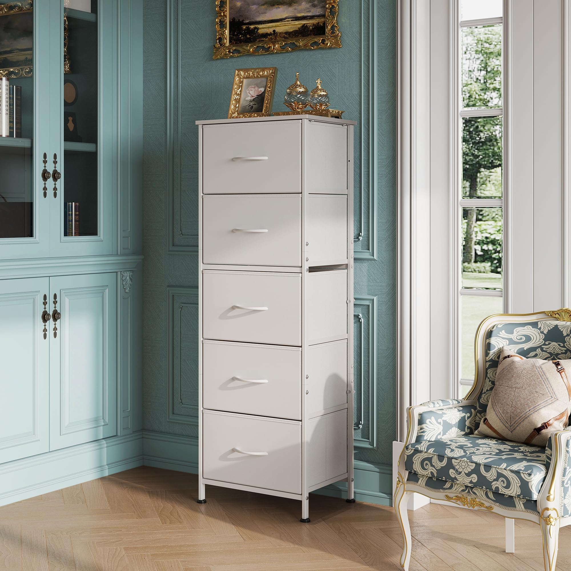 WLIVE fabric dresser with wood-top surface for lamps and decor.