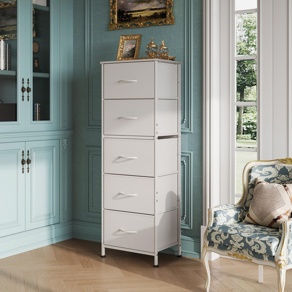 WLIVE fabric dresser with wood-top surface for lamps and decor.
