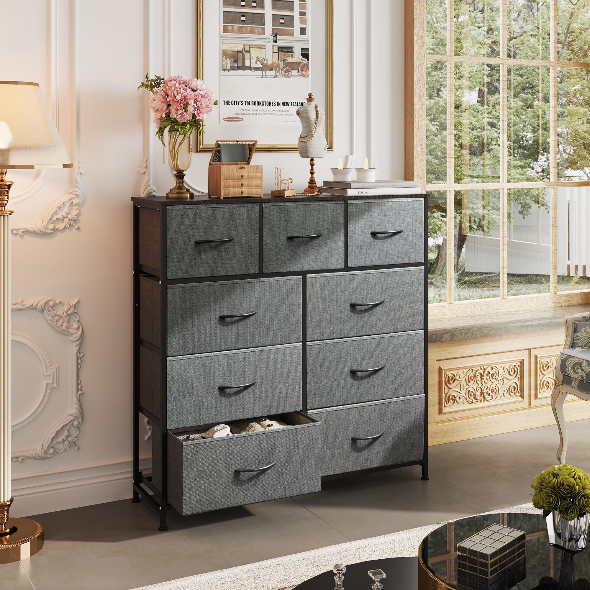 WLIVE dresser shown in hallway or entryway for versatile storage.