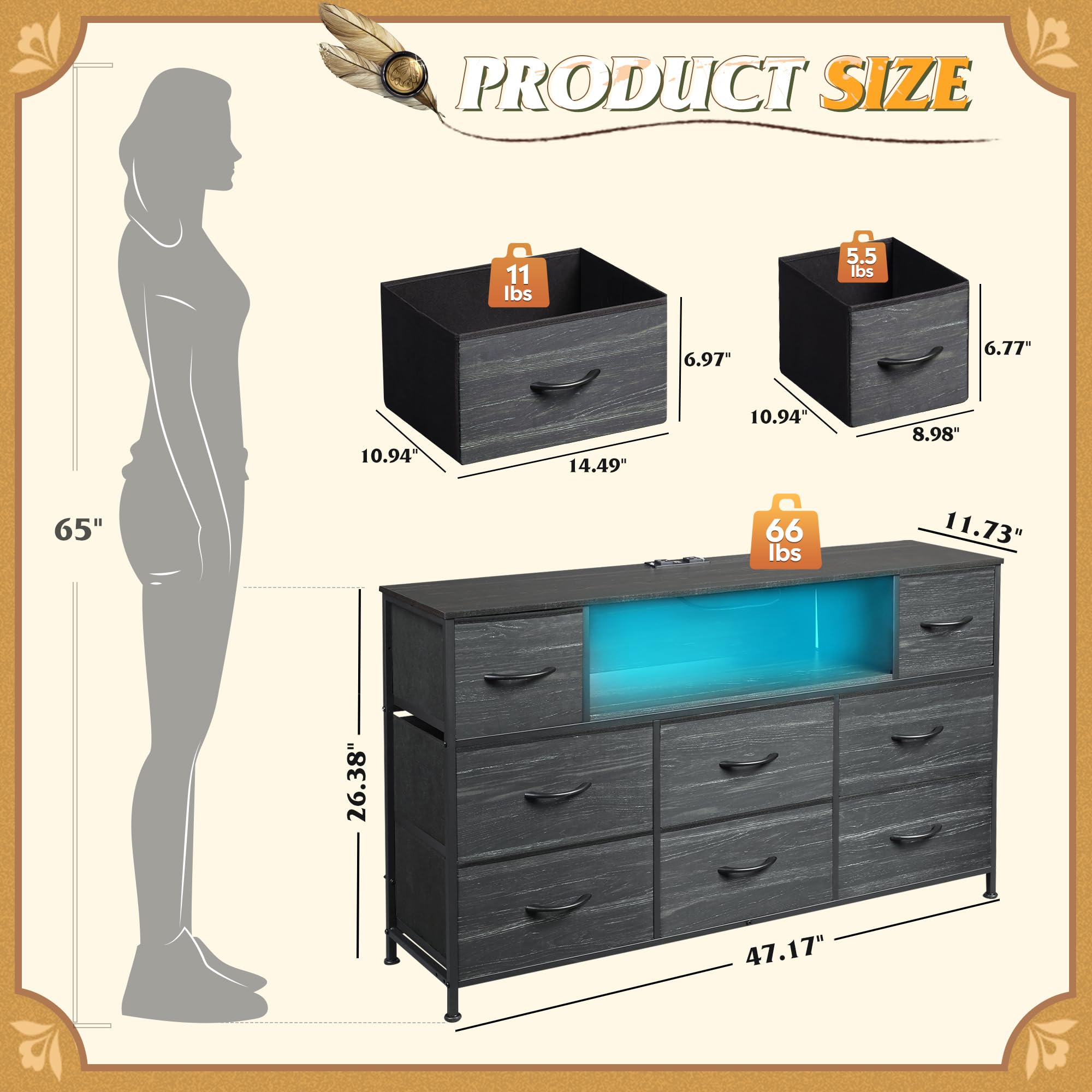 WLIVE TV stand with 8 fabric drawers keeps clutter hidden