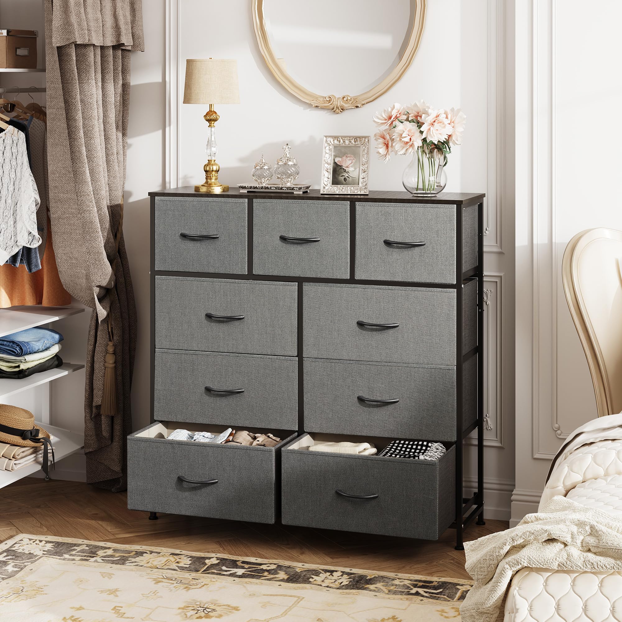 Wood top on WLIVE dresser used for lamp and daily essentials.