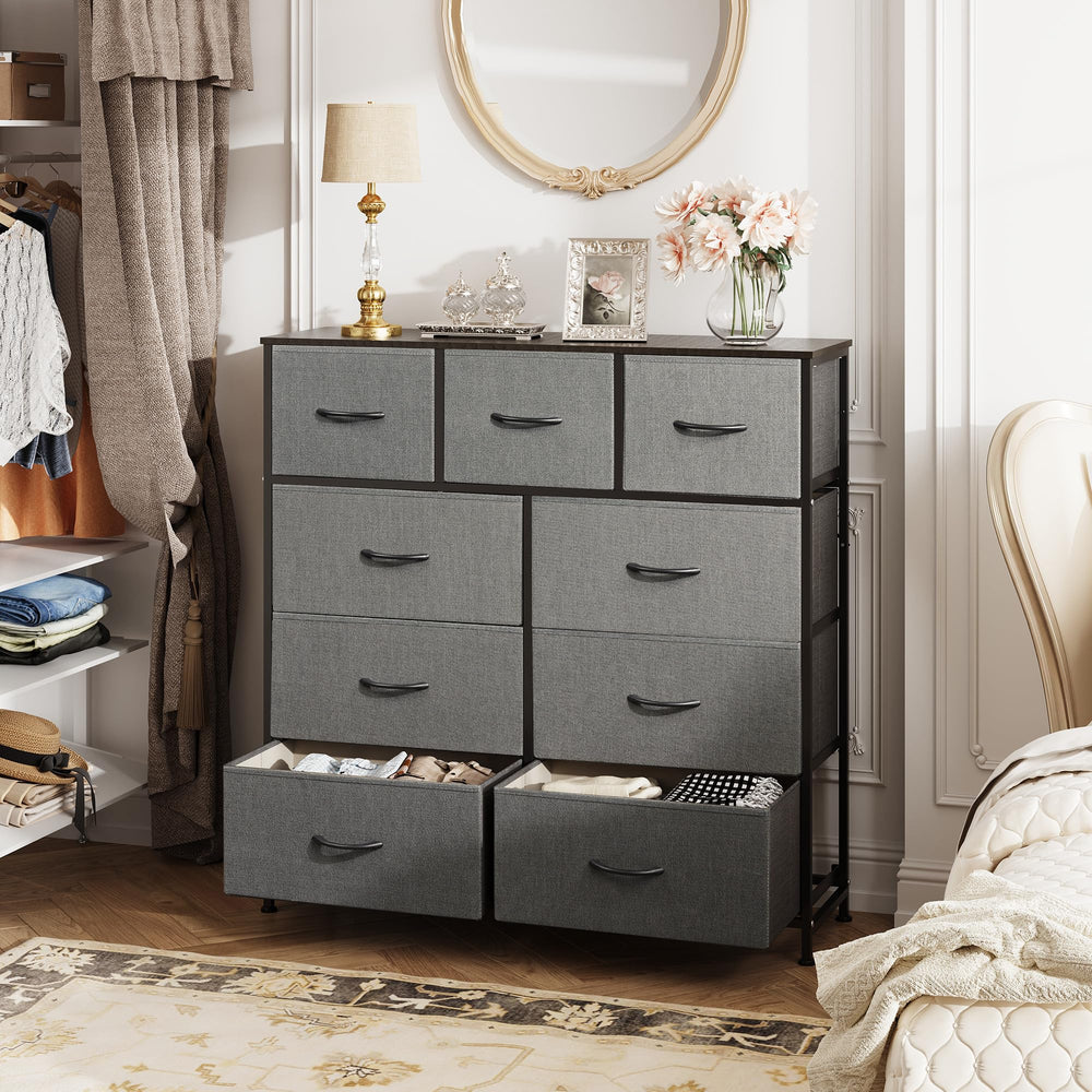 Wood top on WLIVE dresser used for lamp and daily essentials.