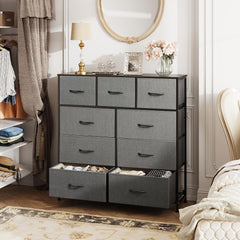 Wood top on WLIVE dresser used for lamp and daily essentials.