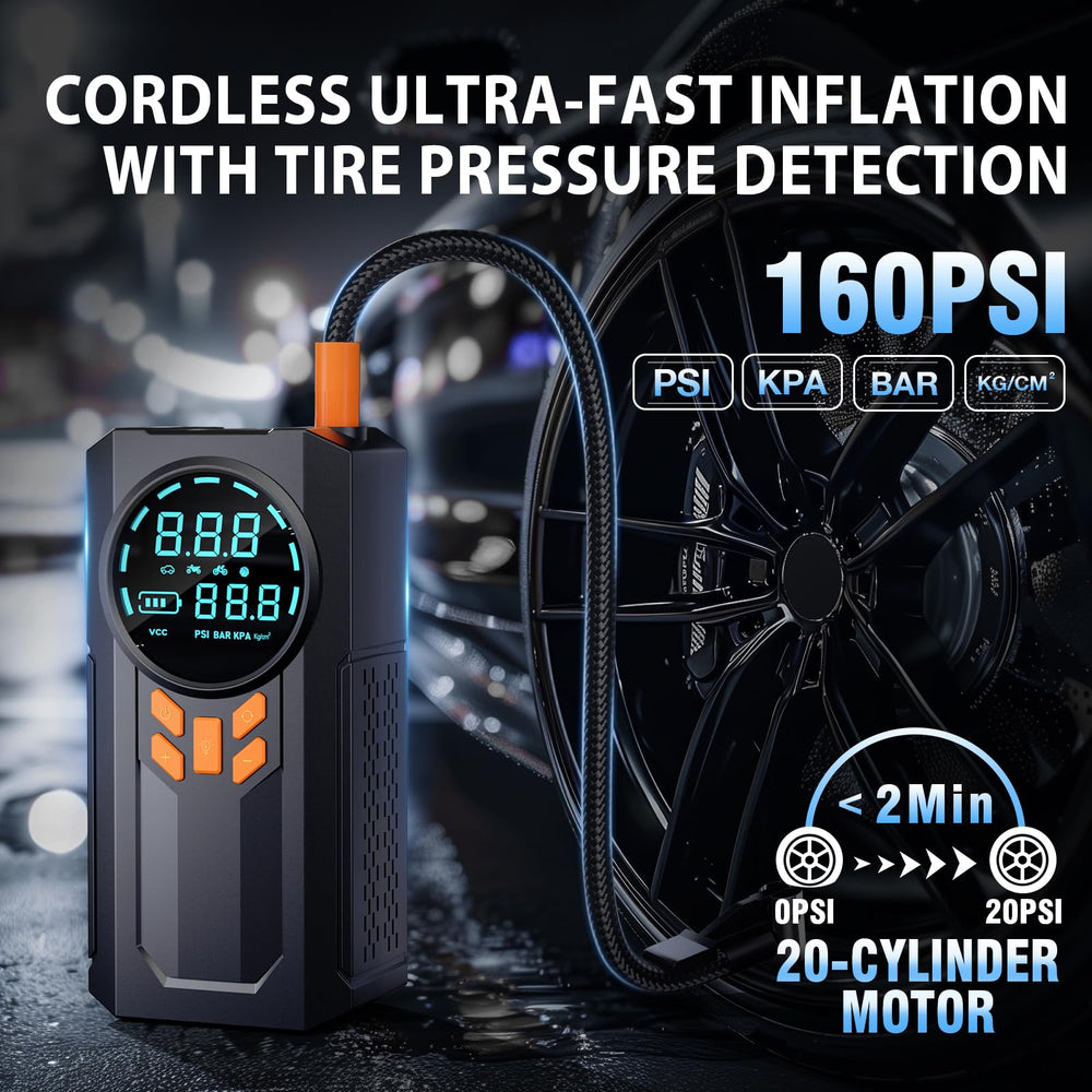 WNDFLV Wireless air compressor inflates tires up to 160 PSI.