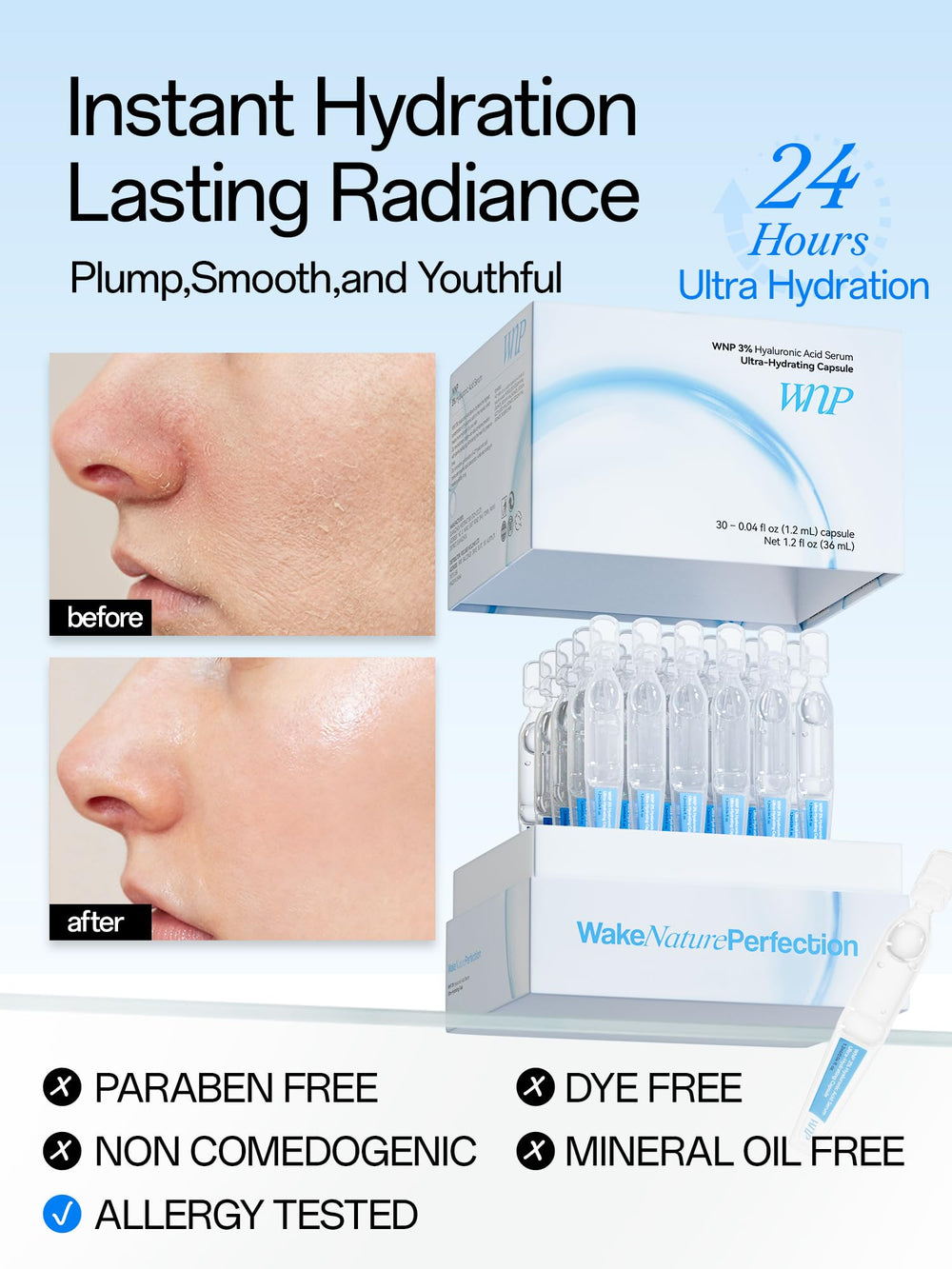 WNP Hyaluronic Acid Serum 4D hydration effect on skin brightness and moisture