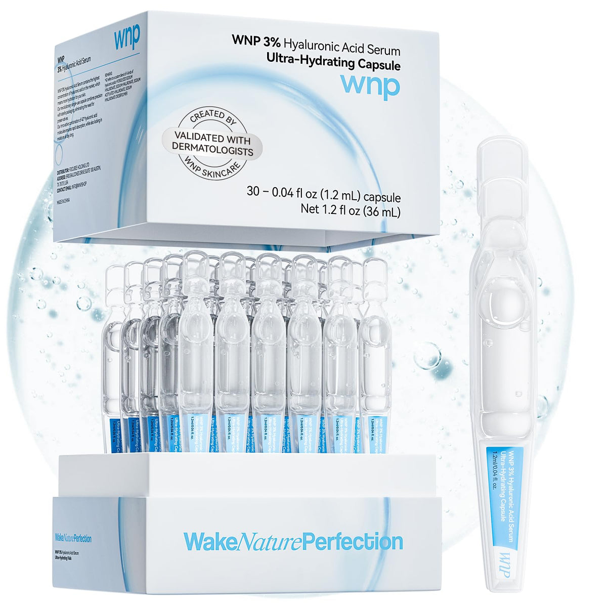 WNP Hyaluronic Acid Serum bottle closeup showing sterile packaging and hydration potential