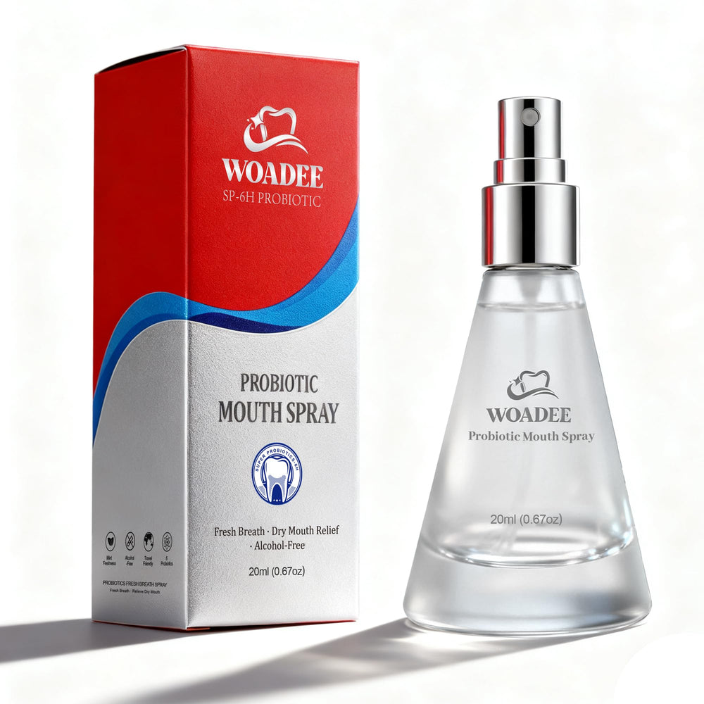 Woadee breath spray bottle demonstrates portable on-the-go freshness.