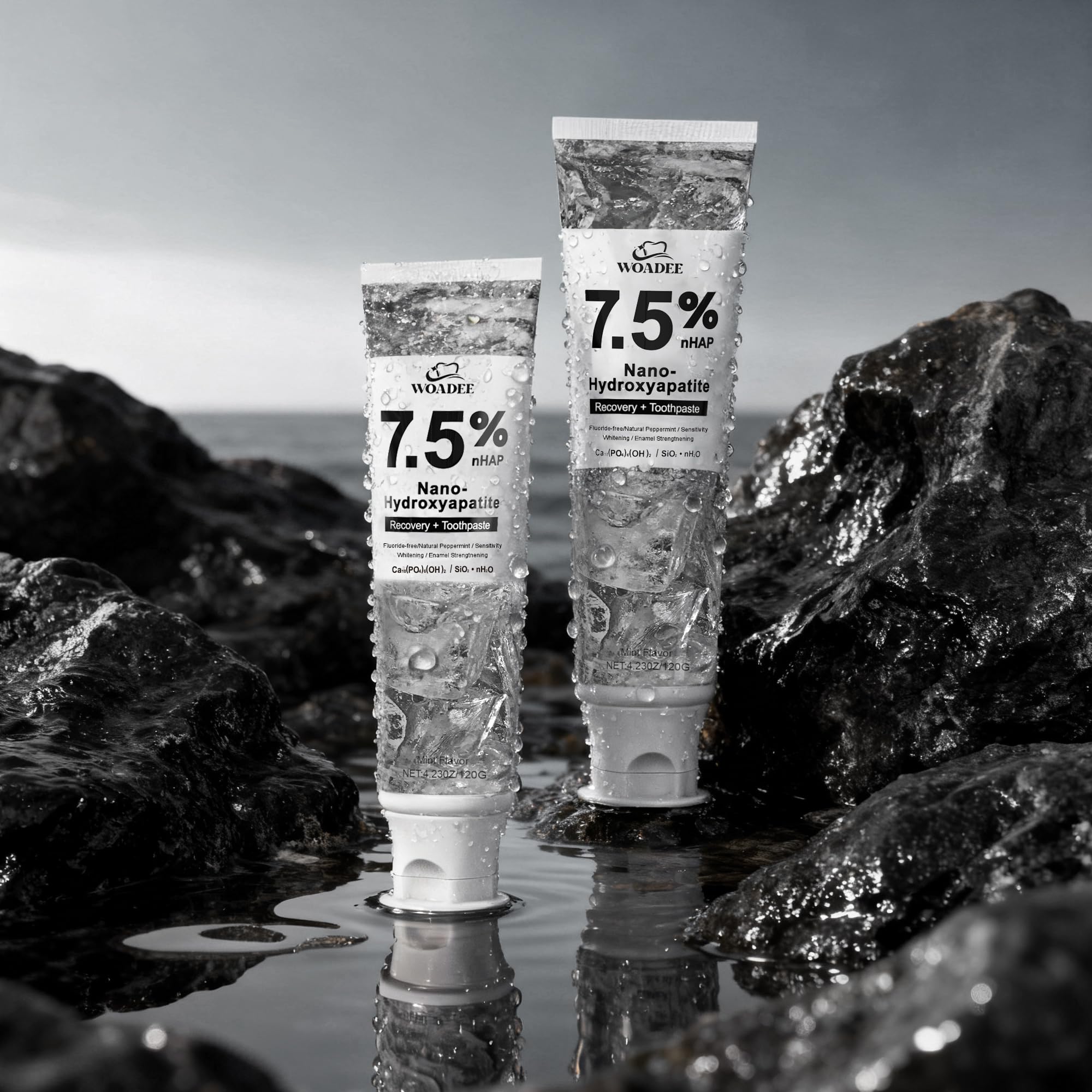 Woadee Nano Hydroxyapatite toothpaste lifting surface stains for a brighter smile.