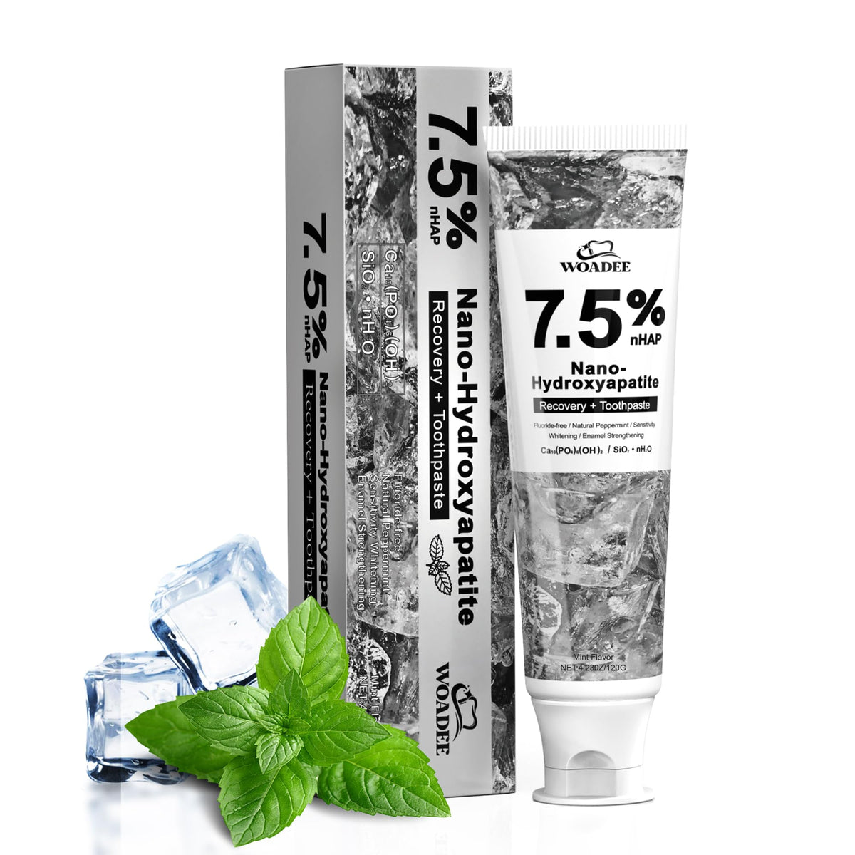 Woadee Nano Hydroxyapatite toothpaste tube close-up for enamel protection and fresh breath.