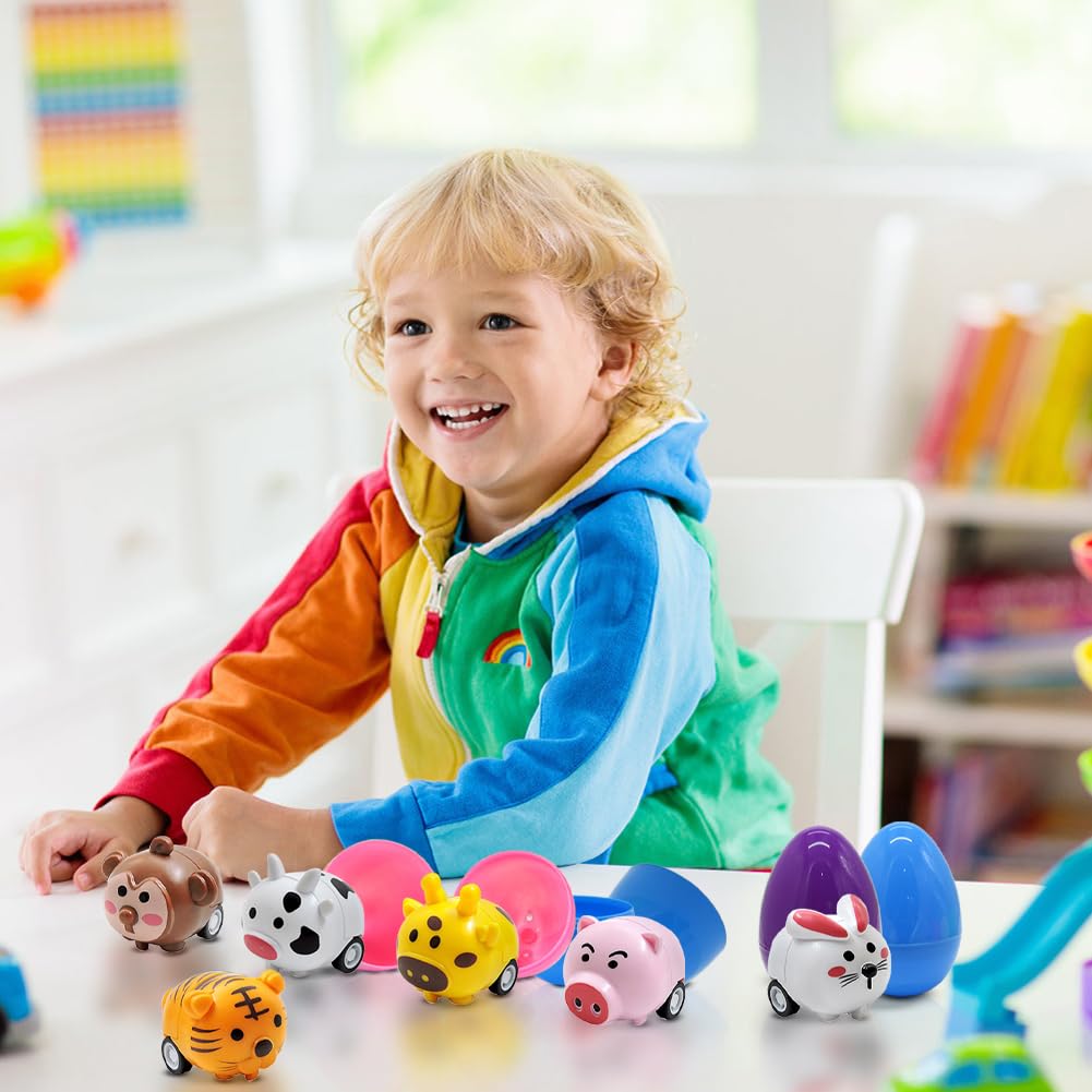 WODMAZ Easter eggs containing animal pull-back cars for gifts and egg hunts.
