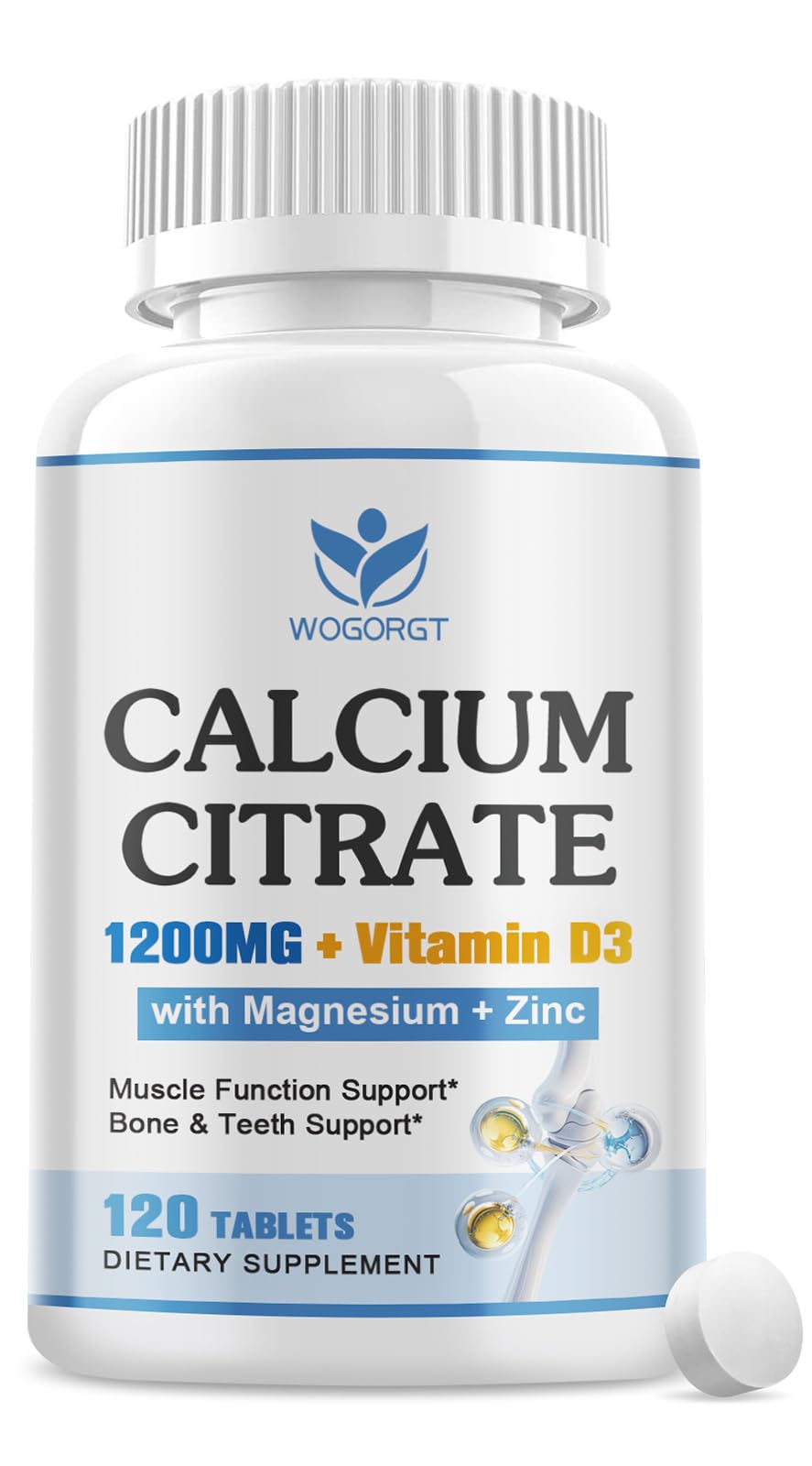 WOGORGT Calcium Citrate 1200mg bottle promotes bone and teeth support.