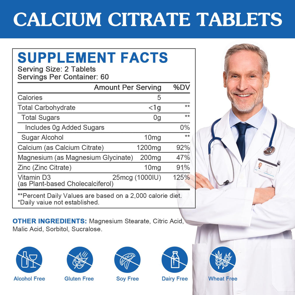 Close-up of WOGORGT calcium citrate tablets designed for easy swallowing.
