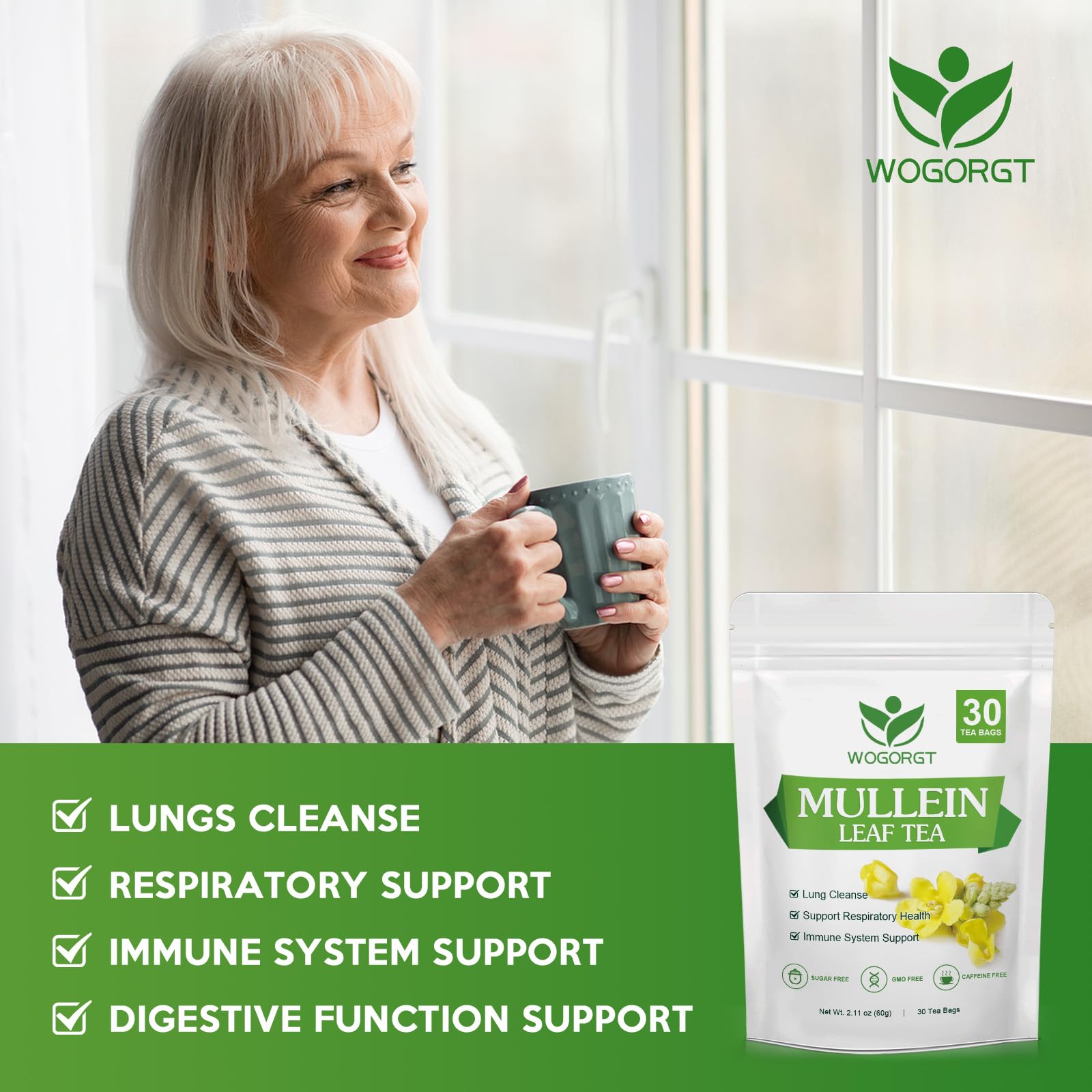 WOGORGT Tea Bag Package on kitchen counter emphasizing vegan formula