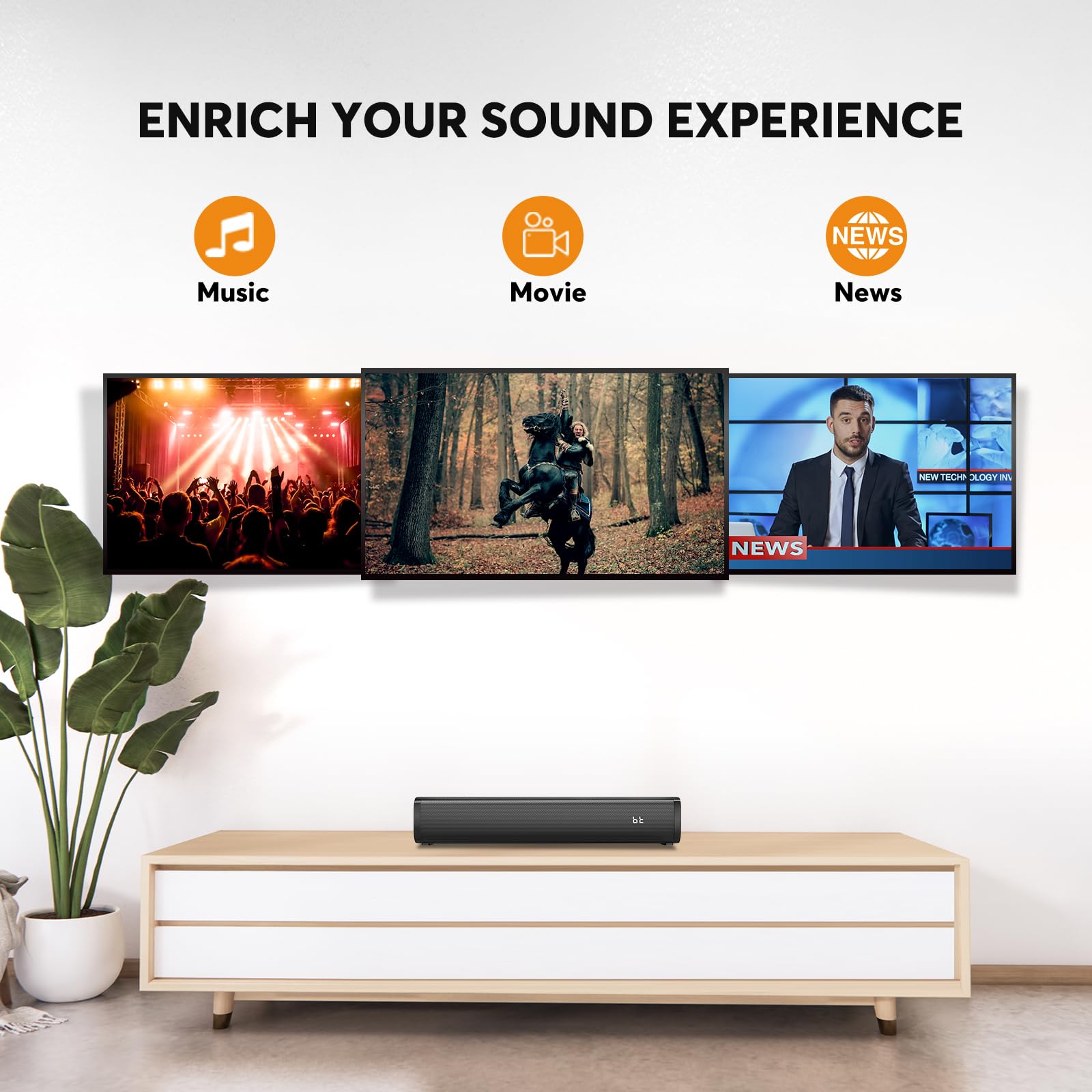 Wohome S100 DSP with 3 EQ modes tailors sound for music, movies, and news.