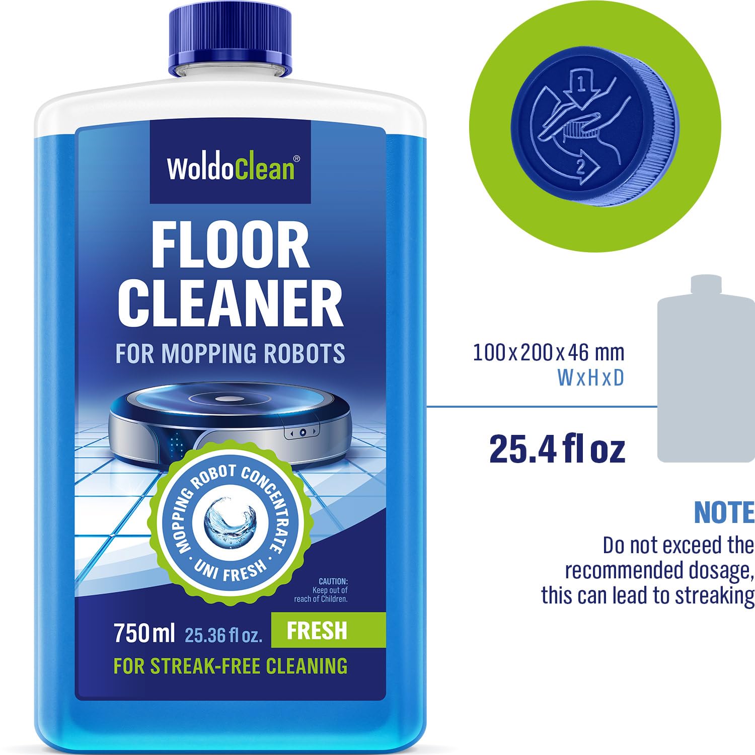 WoldoClean bottle demonstrates streak-free drying on hardwood floors.