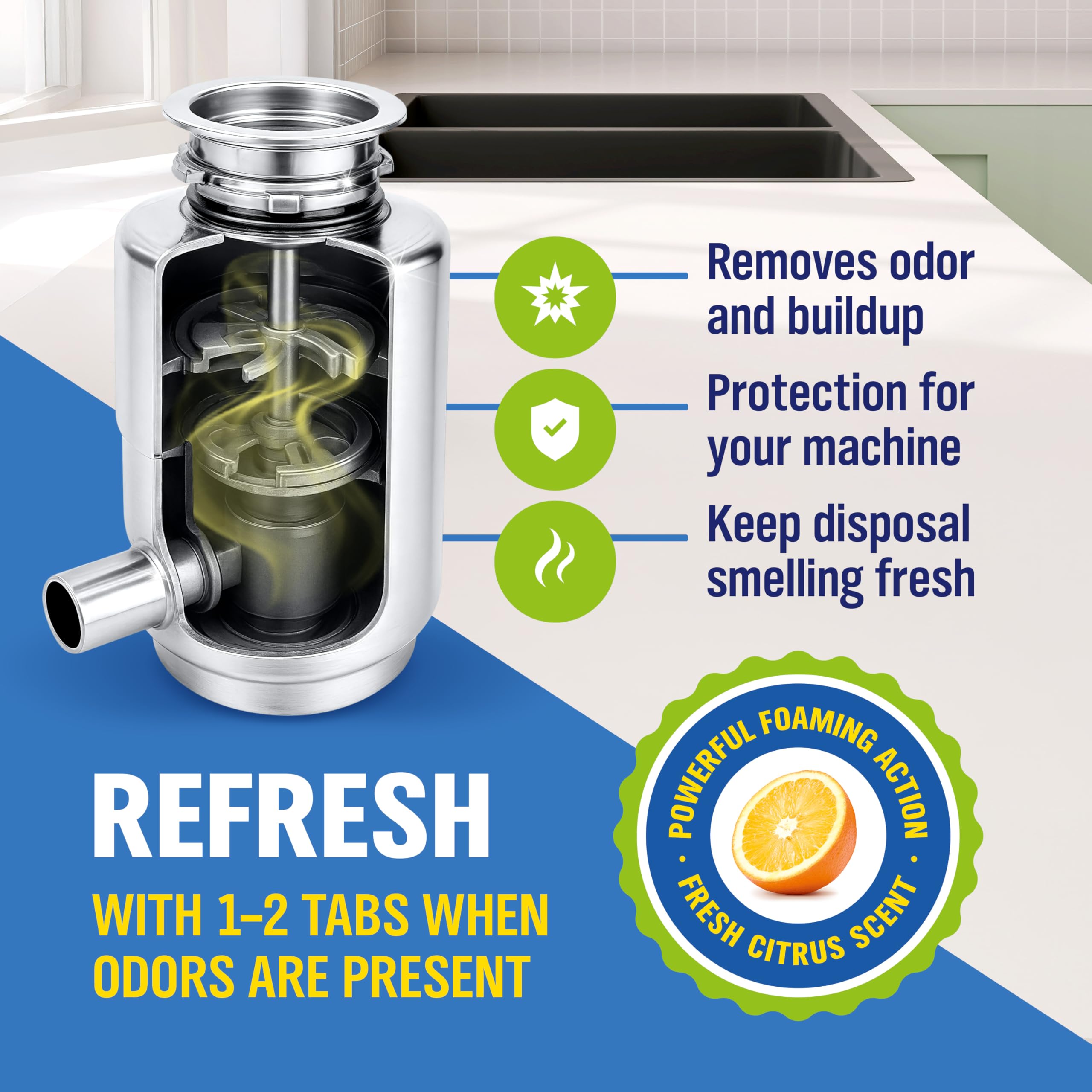 WoldoClean tablets dissolving in foaming action to clean drains and reduce odors