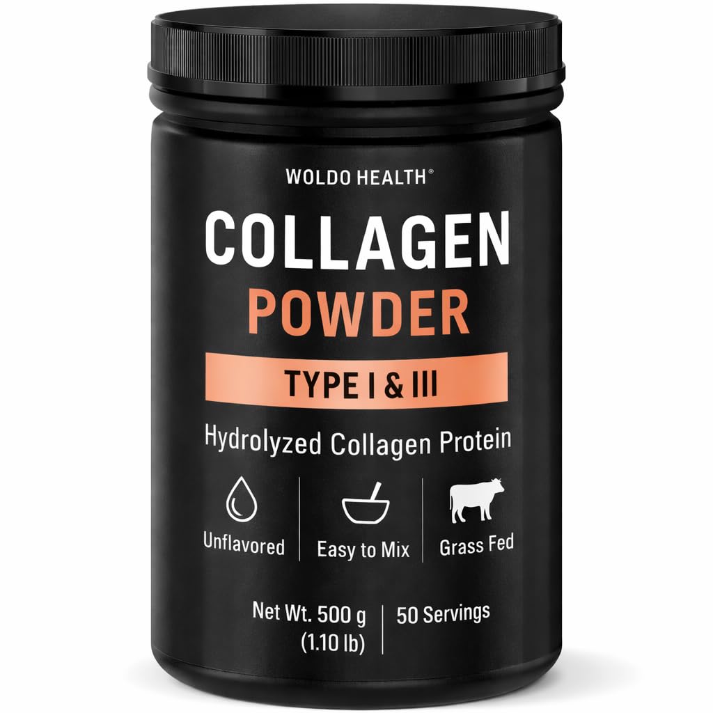 WoldoHealth collagen peptides bottle on shelf for daily health routine
