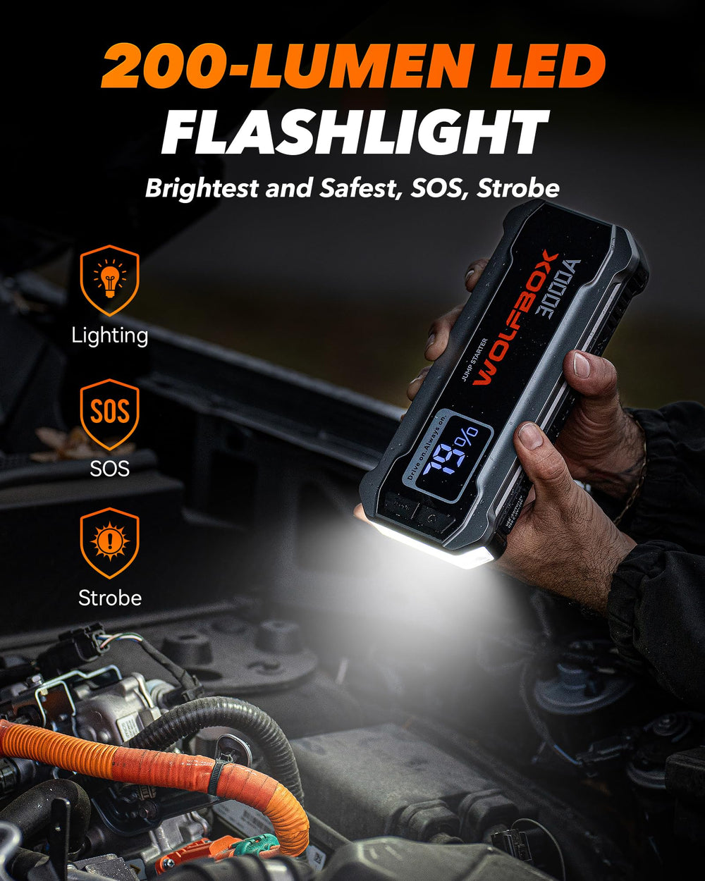 WOLFBOX 3000A jump starter boost function assists stubborn engine starts