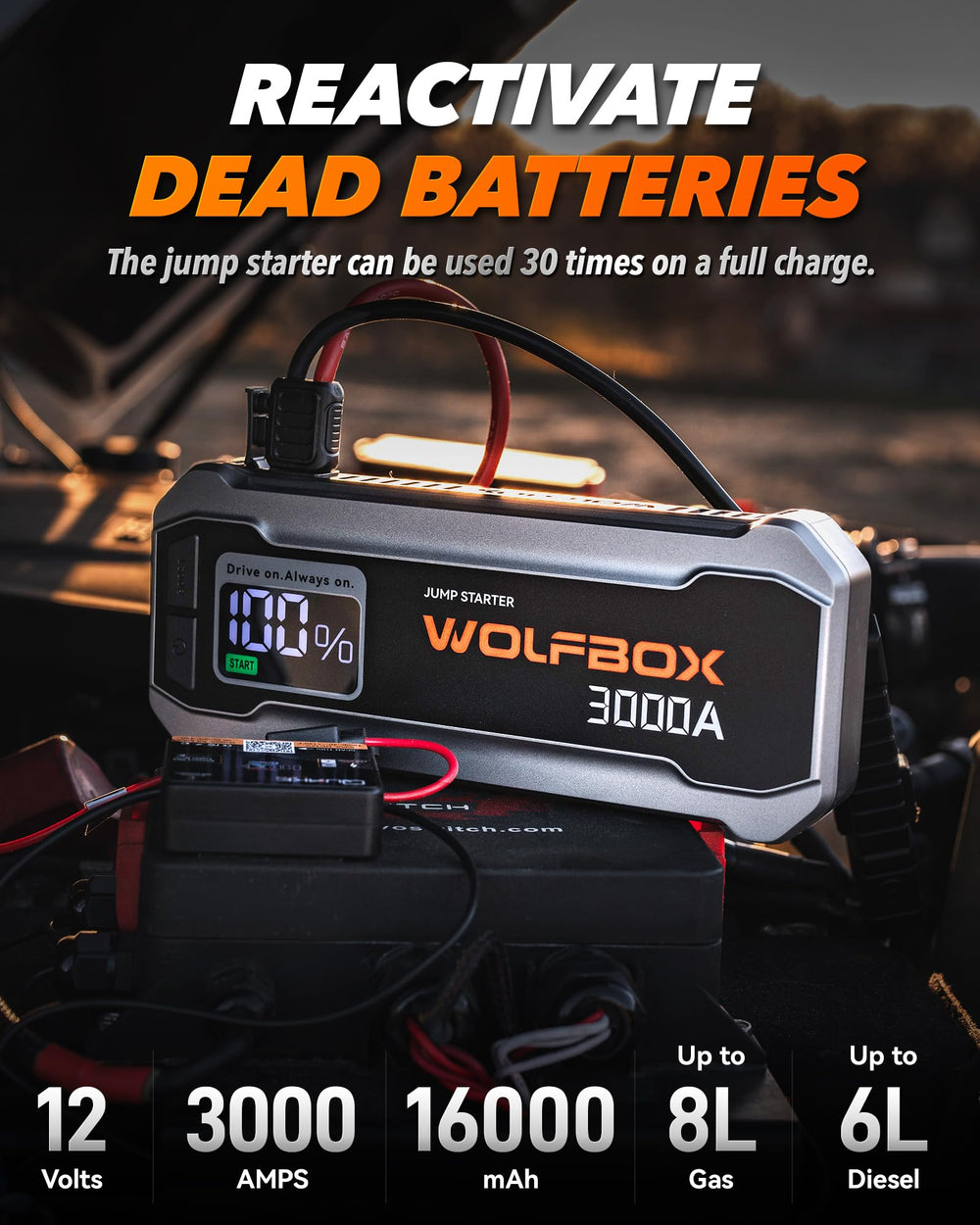 WOLFBOX 3000A jump starter ports and display highlight easy status checks