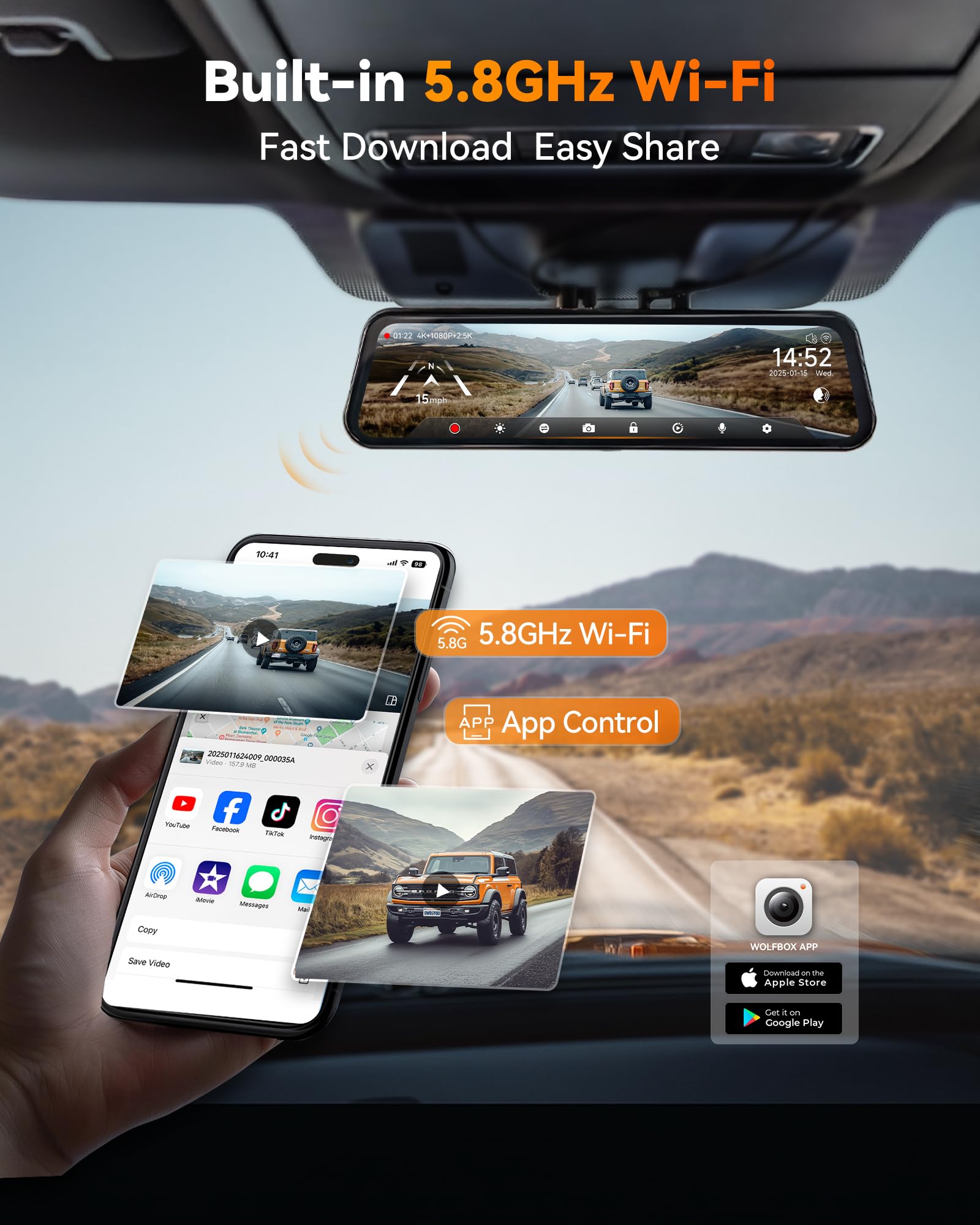 G900 Tripro app connects via 5.8GHz WiFi for easy video review.