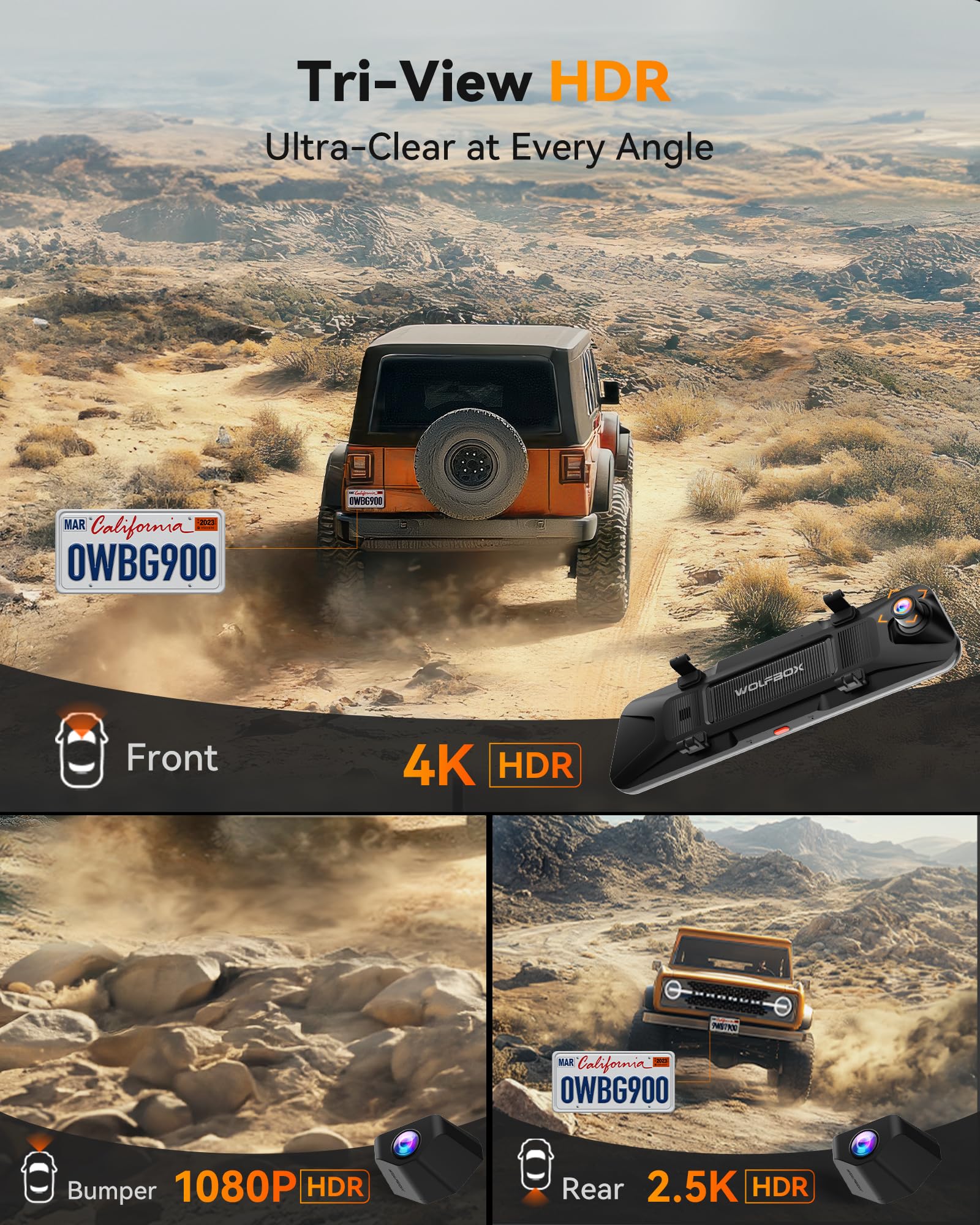 WOLFBOX G900 Tripro rear camera records 2.5K footage for clear road details.