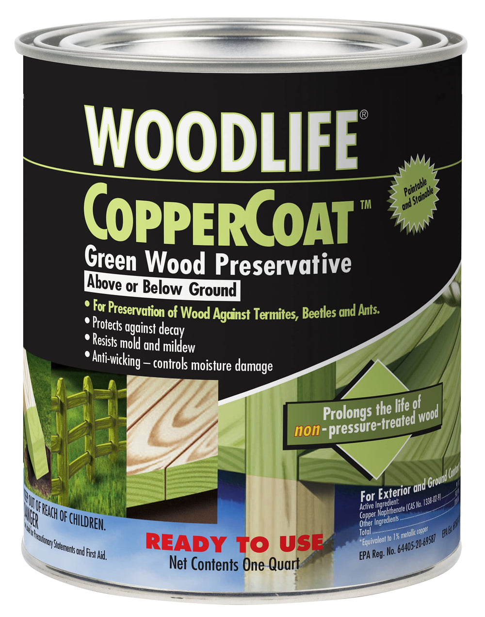 Wolman CopperCoat Green bottle pour protects outdoor wood from moisture and pests