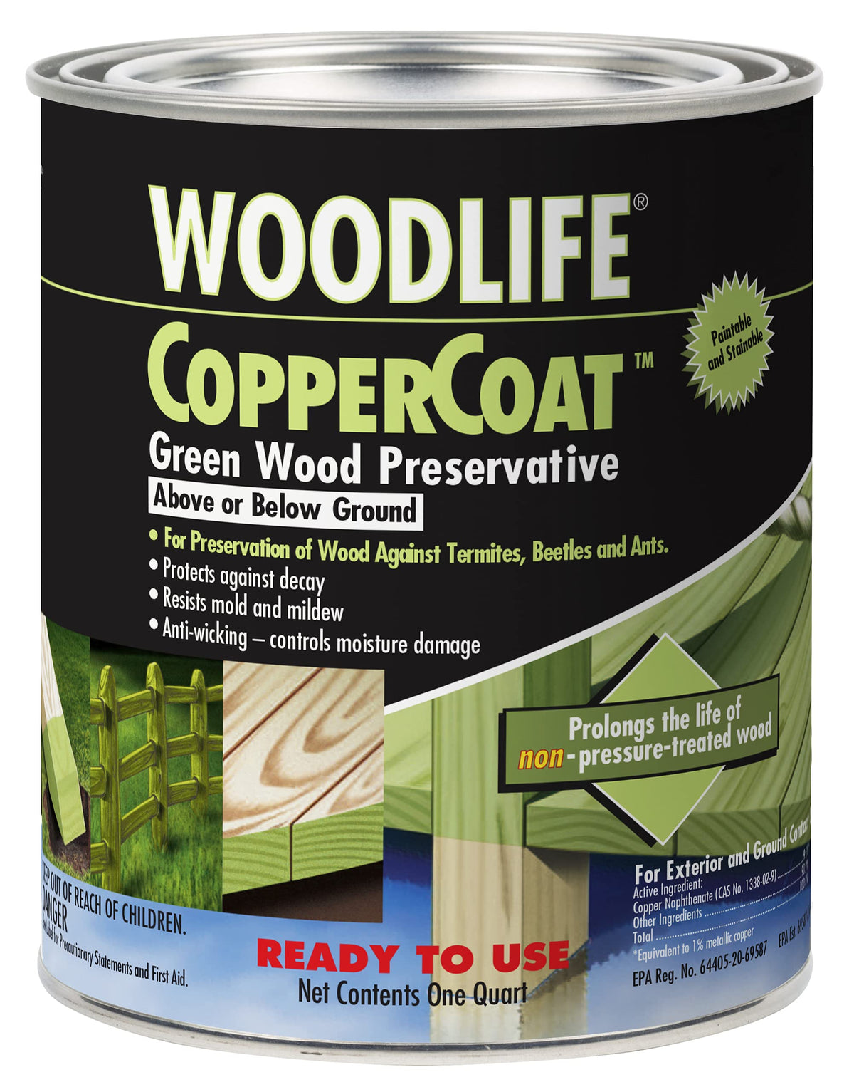 Wolman CopperCoat Green bottle pour protects outdoor wood from moisture and pests