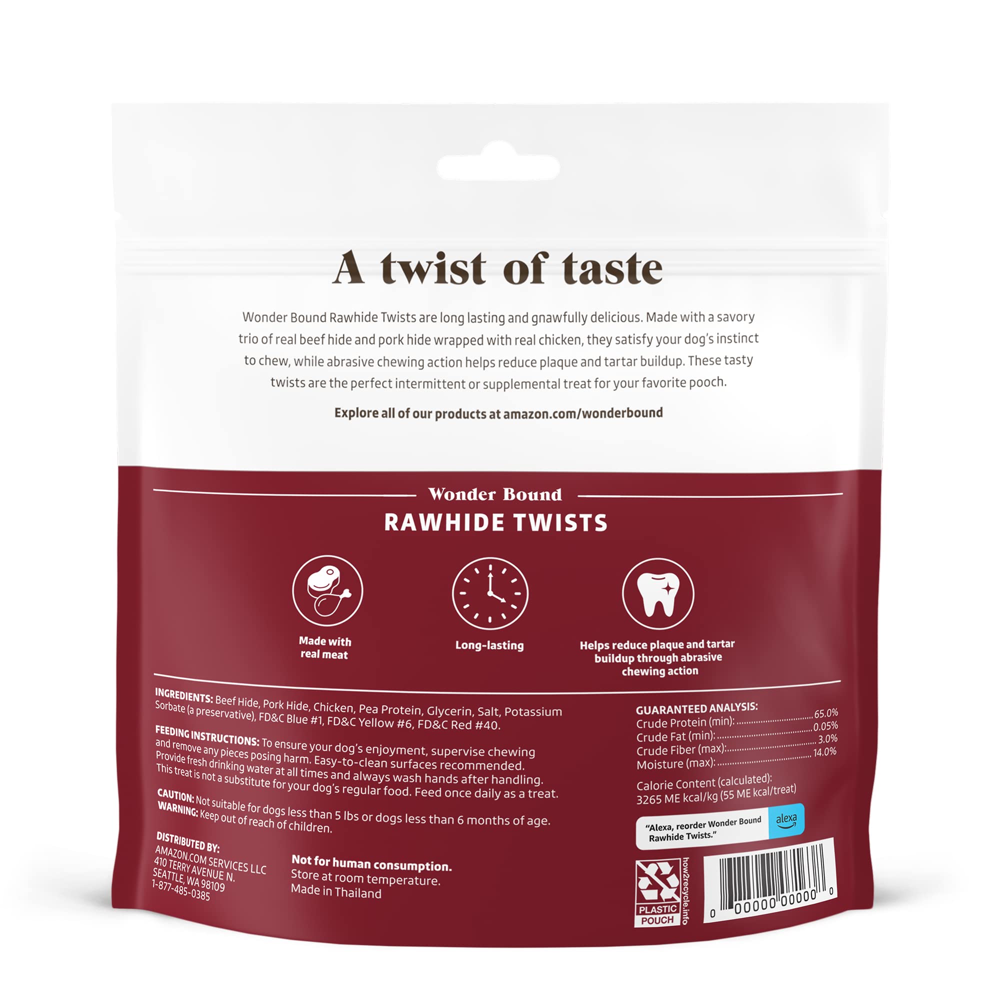 Wonder Bound chicken rawhide twist packaging displaying a 70-count dog chew.