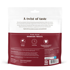 Wonder Bound chicken rawhide twist packaging displaying a 70-count dog chew.