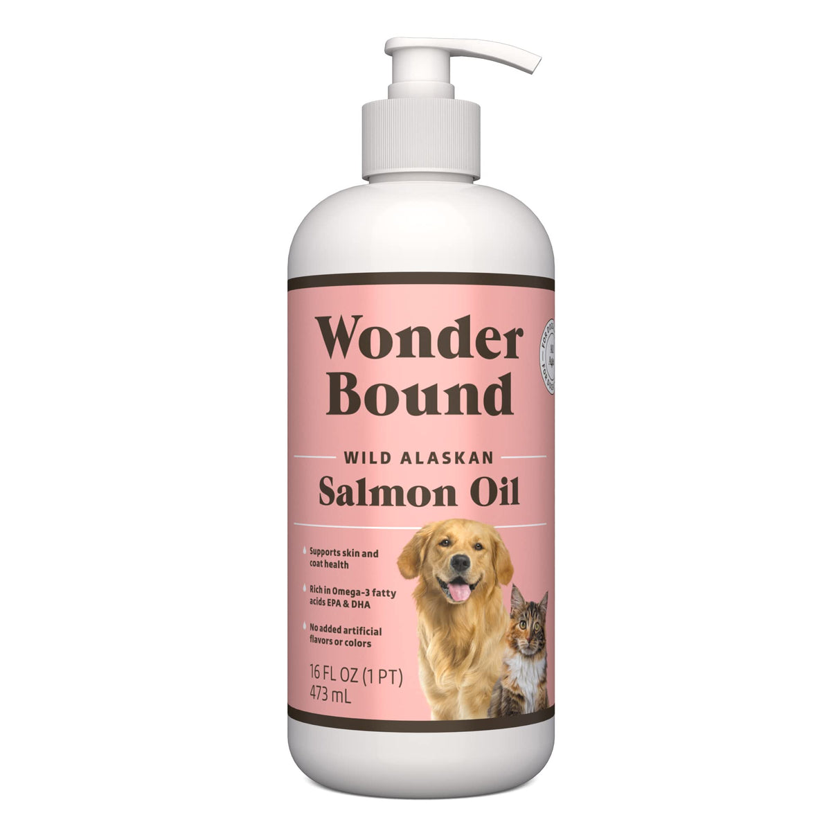 Wonder Bound Wild Alaskan Salmon Oil bottle showing skin and coat support for pets