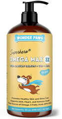 Wonder Paws Fish Oil bottle pouring onto dog food for daily omega support