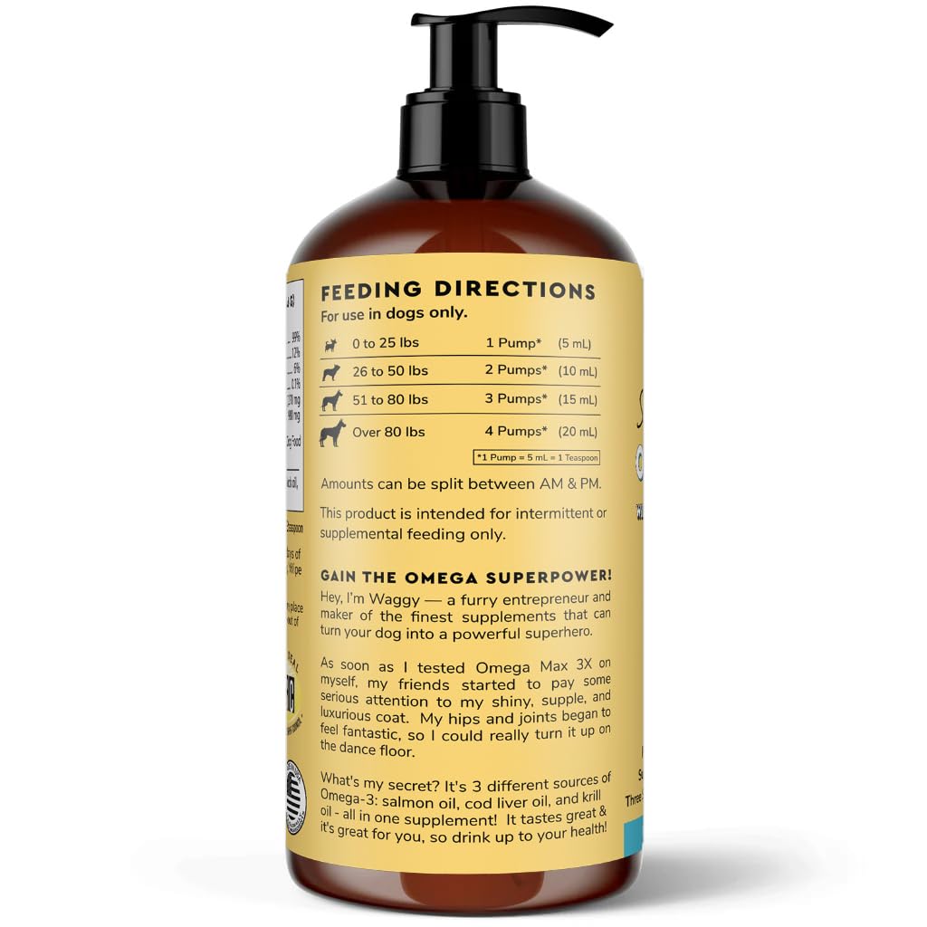 Clear product bottle with dosing guide for Wonder Paws fish oil