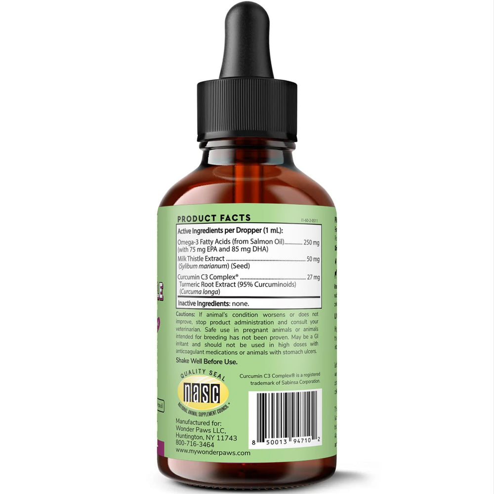 Wonder Paws Milk Thistle dropper dispensing drops into dog food for daily use.
