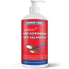 Wonder Paws Premium Salmon Oil bottle pour enhances easy daily dosing for skin and coat.