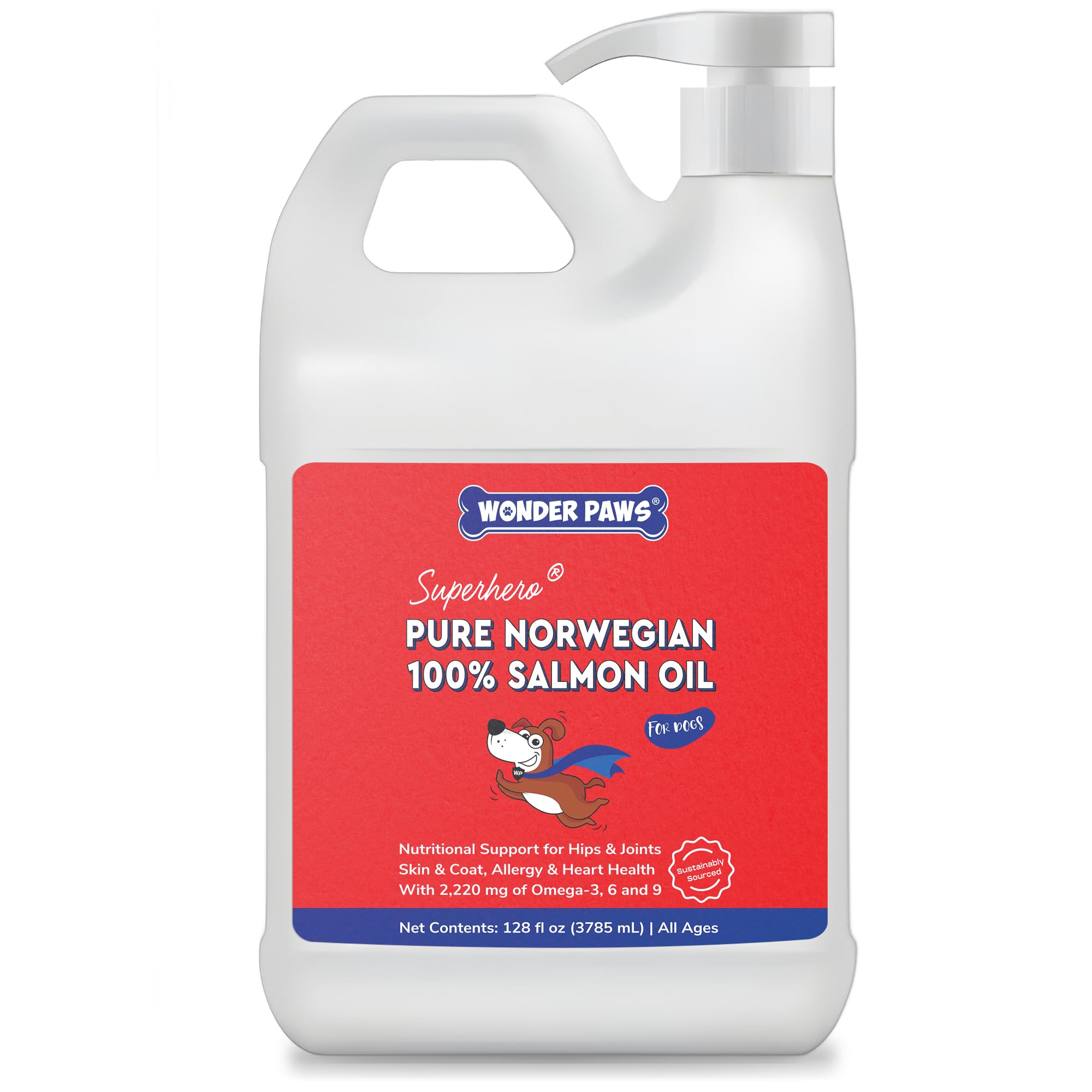 Wonder Paws Premium Salmon Oil for Dogs bottle shows omega-rich formula for healthy skin