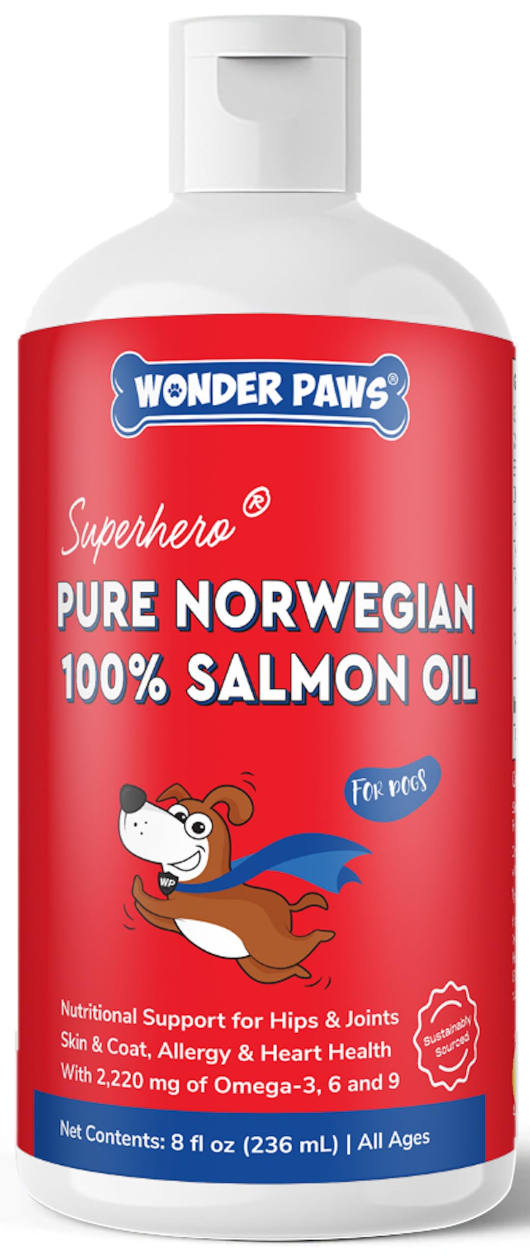 Wonder Paws salmon oil for dogs bottle pour enables simple daily dosing for healthy skin